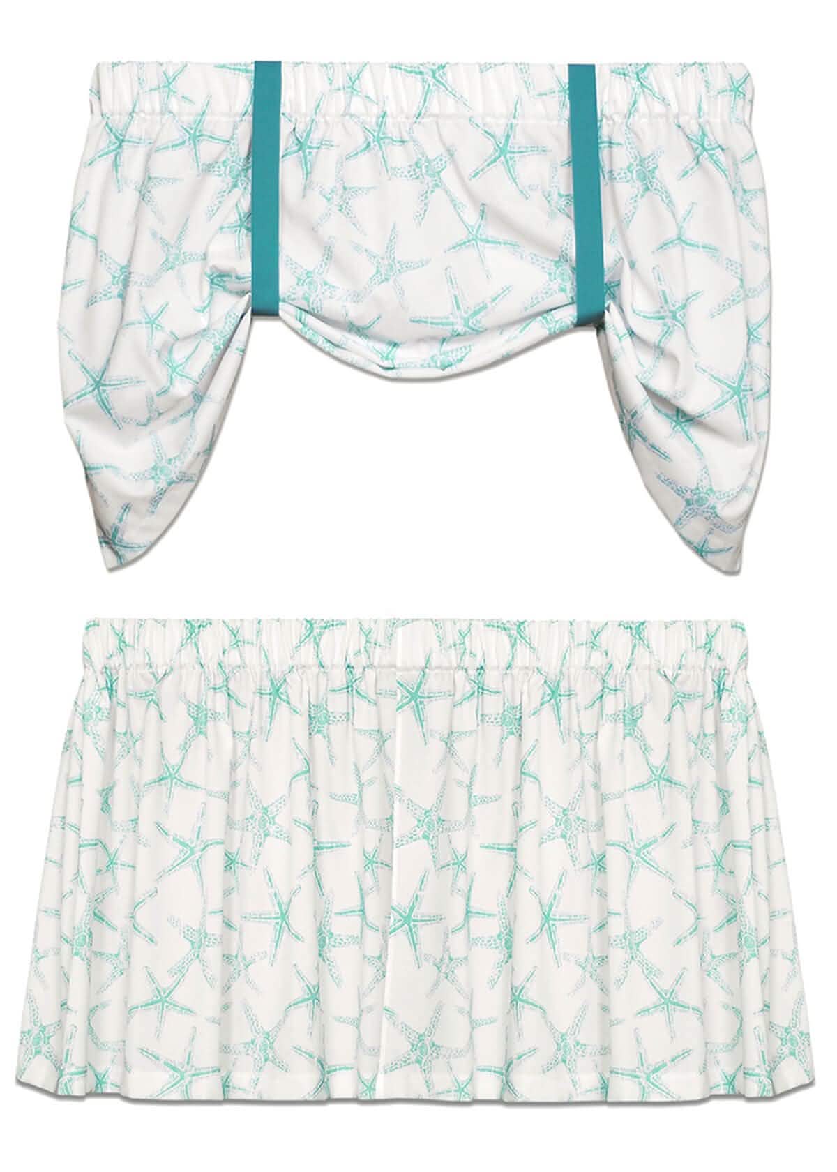 Sea Shore Starfish Aqua & White Tie-Up Valance or Tier Curtain Window Treatments - Beach Decor
