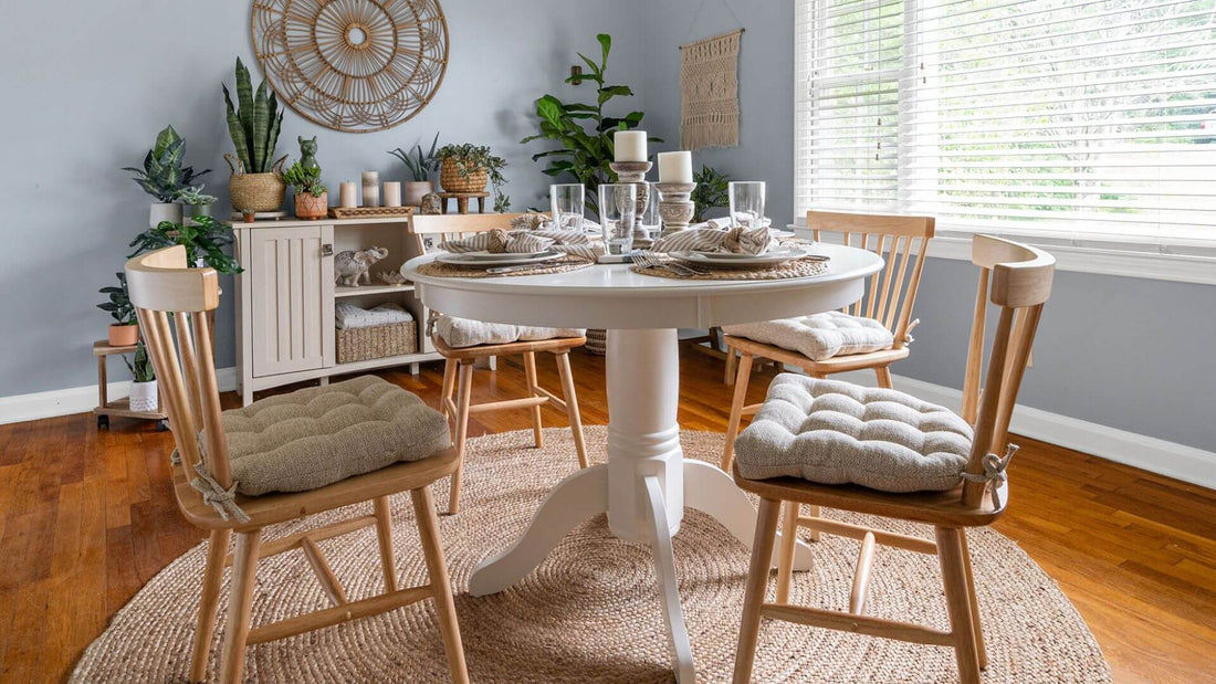 boho dining room with houseplant and natural boho chair cushions