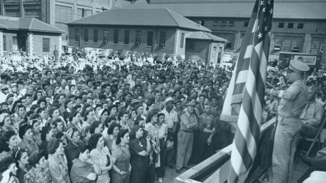 factory employees observe labor day ceremony saluting flat vintage photo