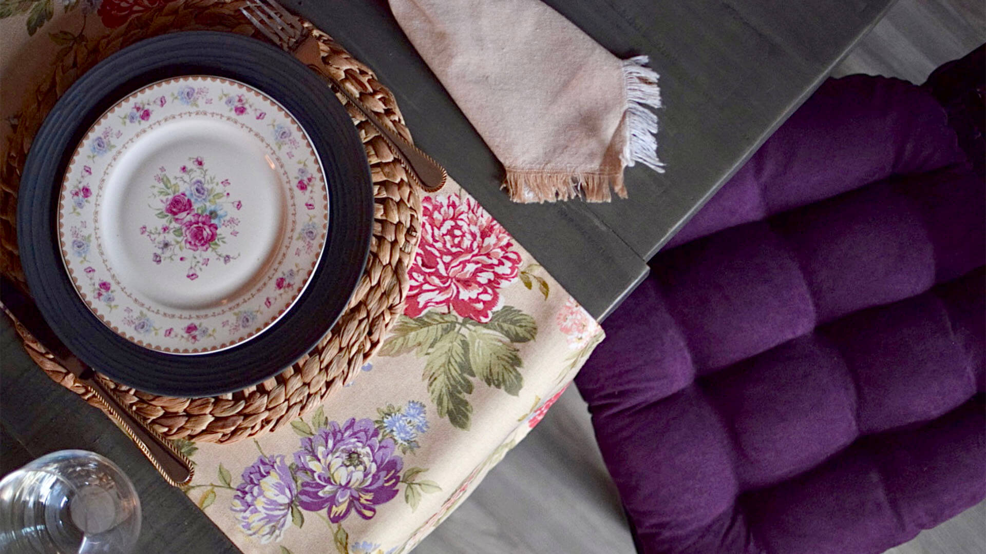 mothers day dining room decor with microsuede eggplant purple dining chair pads and floral table runner