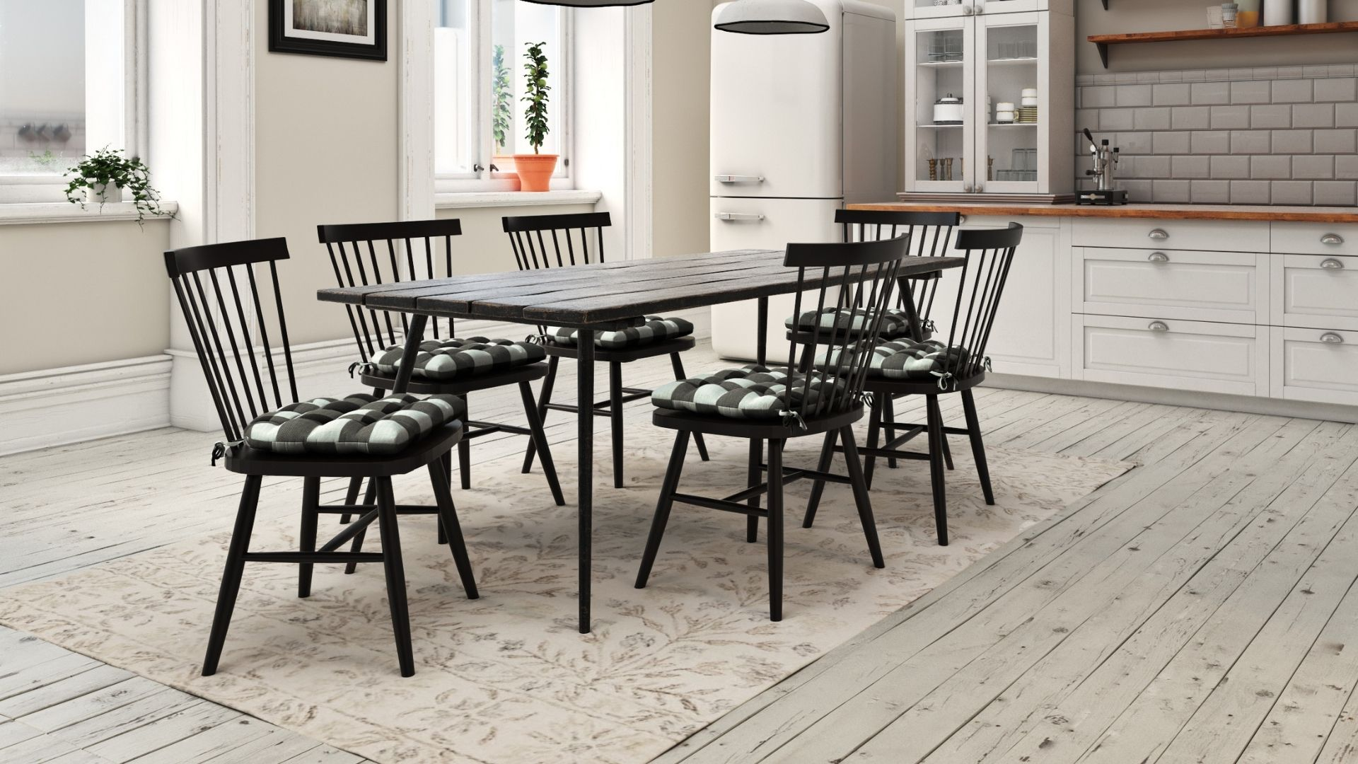 chair pads on dining chairs at rustic dining table in farmhouse kitchen