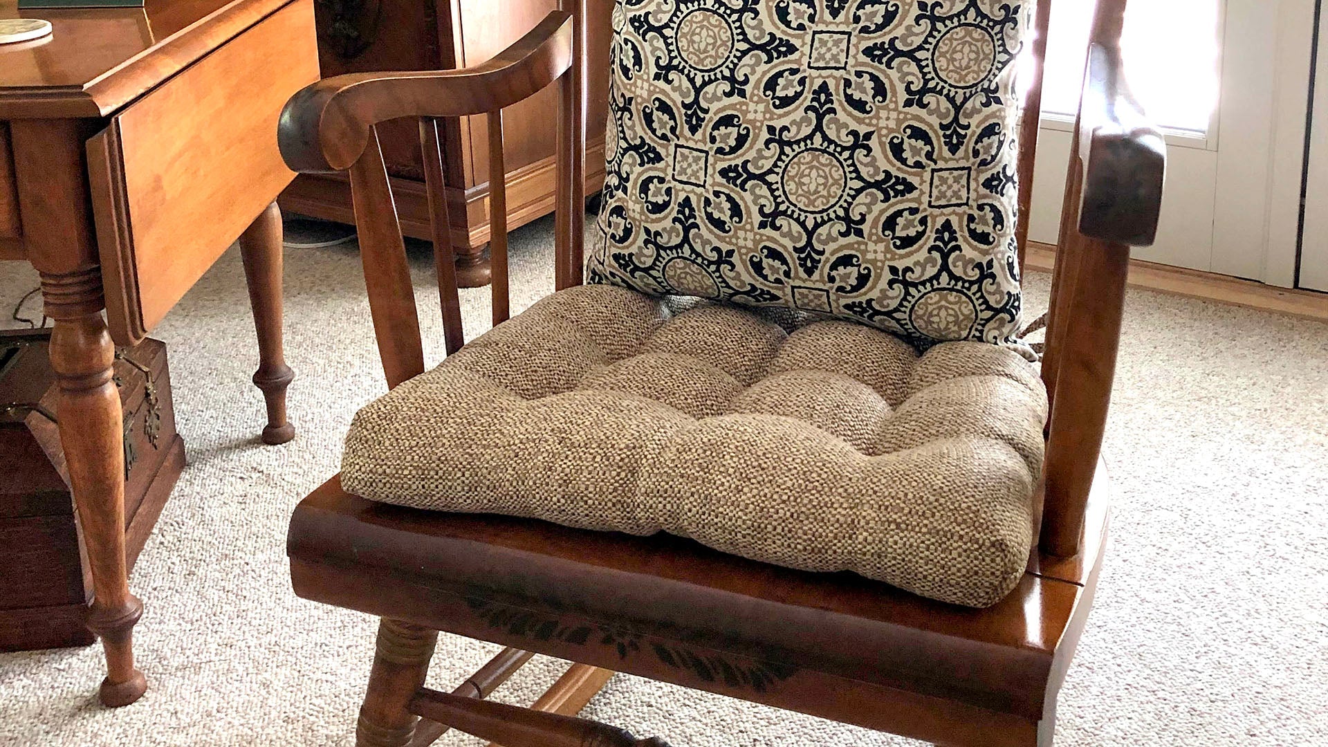 extra-large dining chair cushions on jumbo dining room chair - oatmeal colored cushion with coordinating throw pillow
