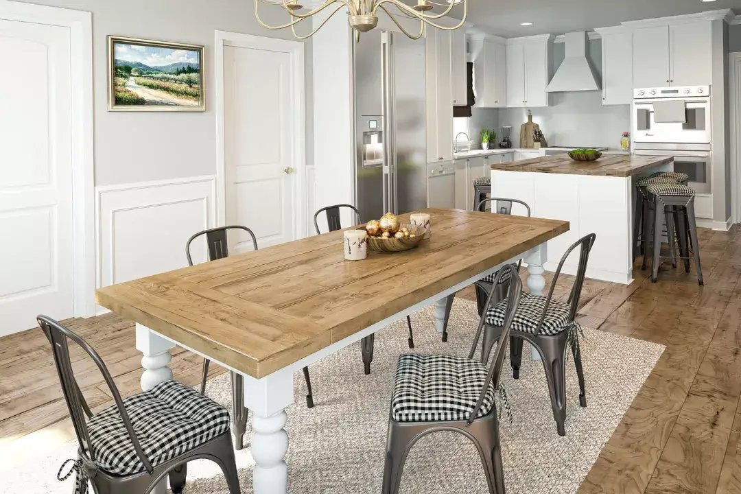tolix chair cushions on metal chairs in farmhouse style dining room with matching kitchen stools