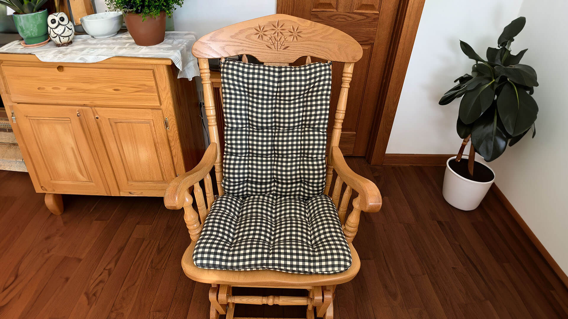 natural indoor rocking chair cushions on wooden rocker in farmhouse style living room