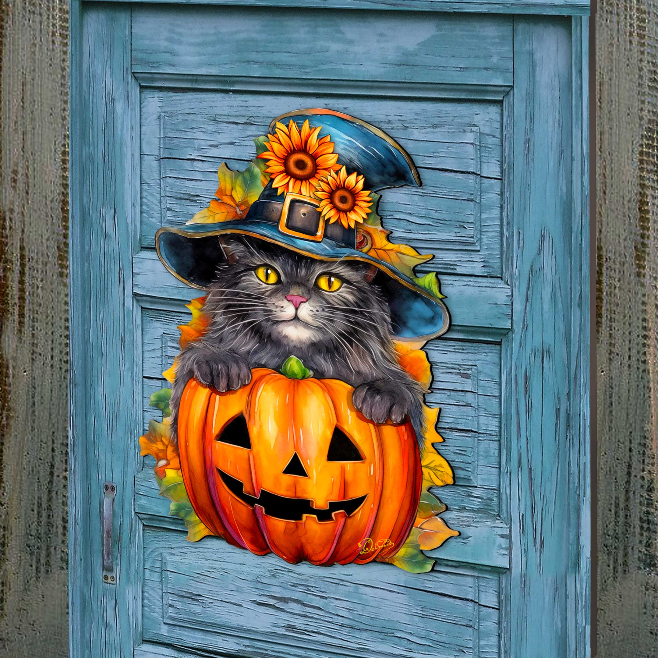Black Cat Pumpkin Halloween Door Decor - Holiday Door Hanger