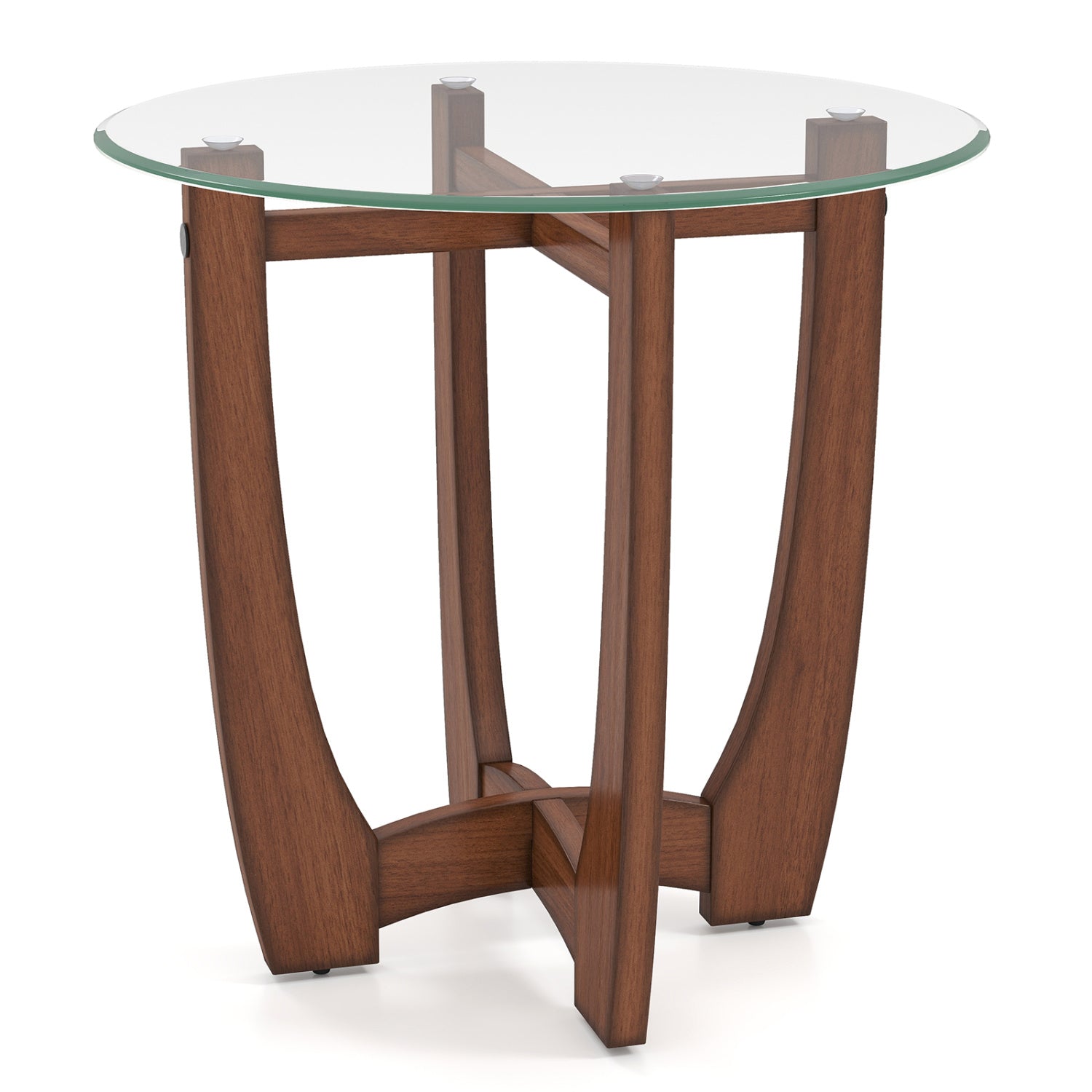 Round Glass End Table with Wood Cross Base - 23.5 Inch, Walnut Finish