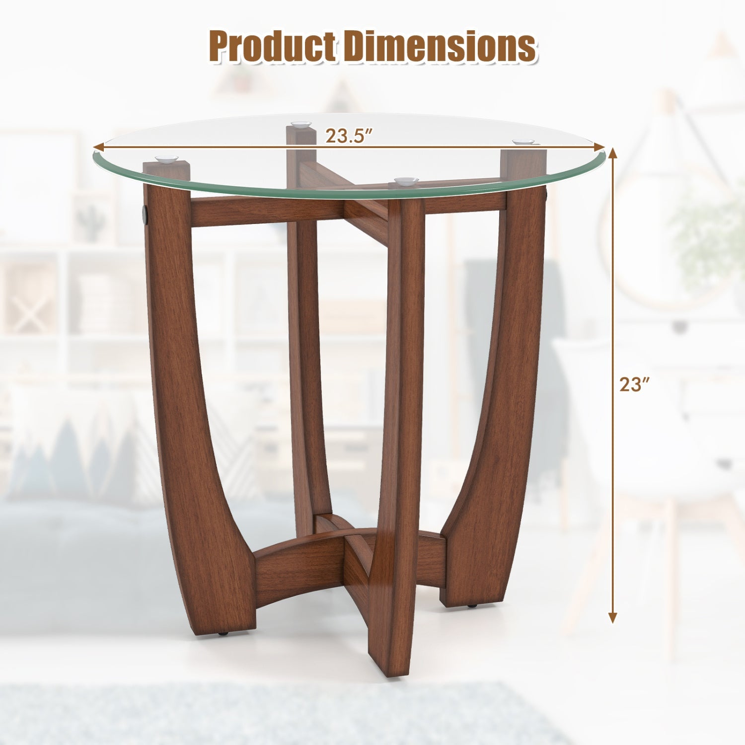 Round Glass End Table with Wood Cross Base - 23.5 Inch, Walnut Finish