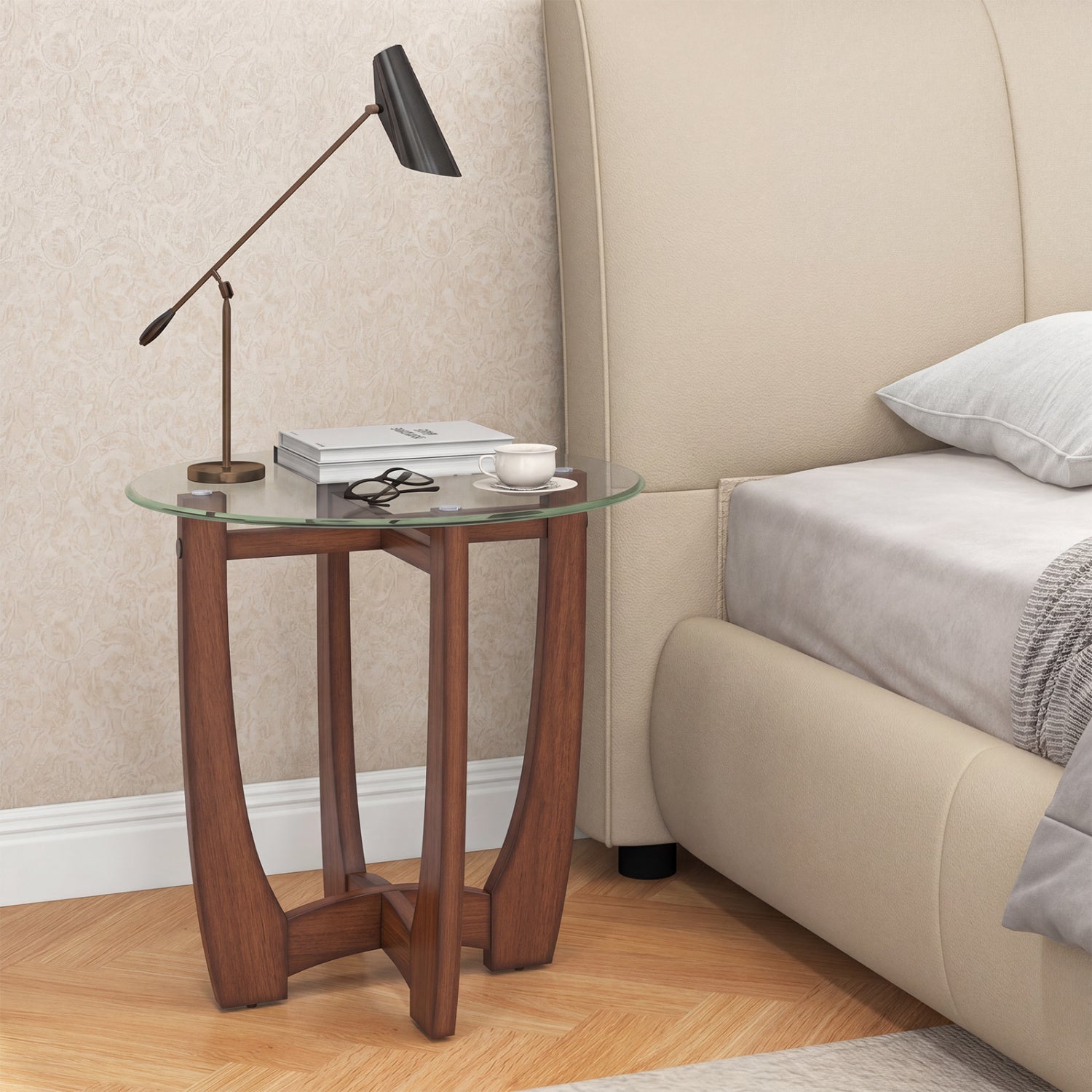 Round Glass End Table with Wood Cross Base - 23.5 Inch, Walnut Finish