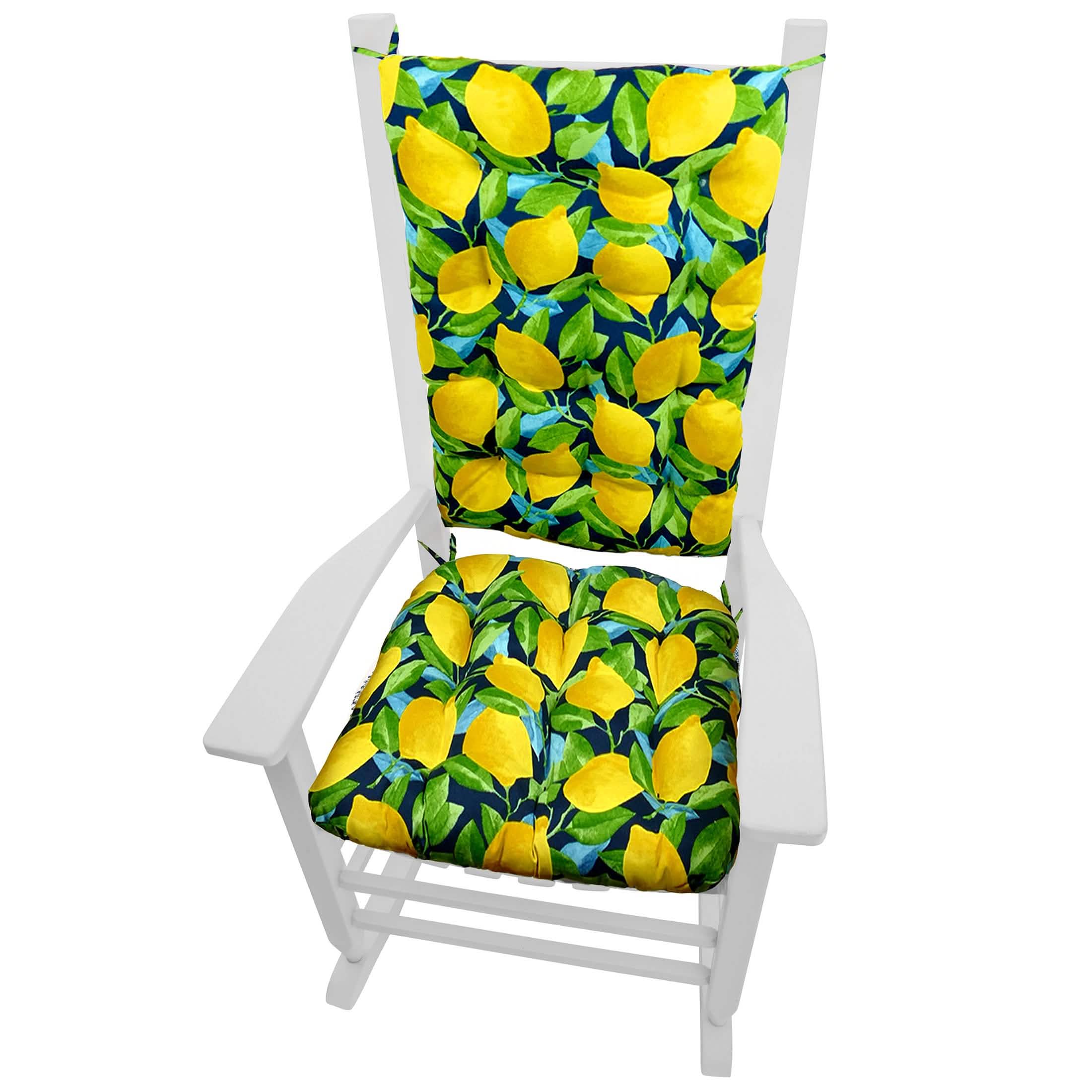 Navy blue outdoor rocking chair cushions with yellow lemon print pattern, featuring latex foam fill for porch rockers