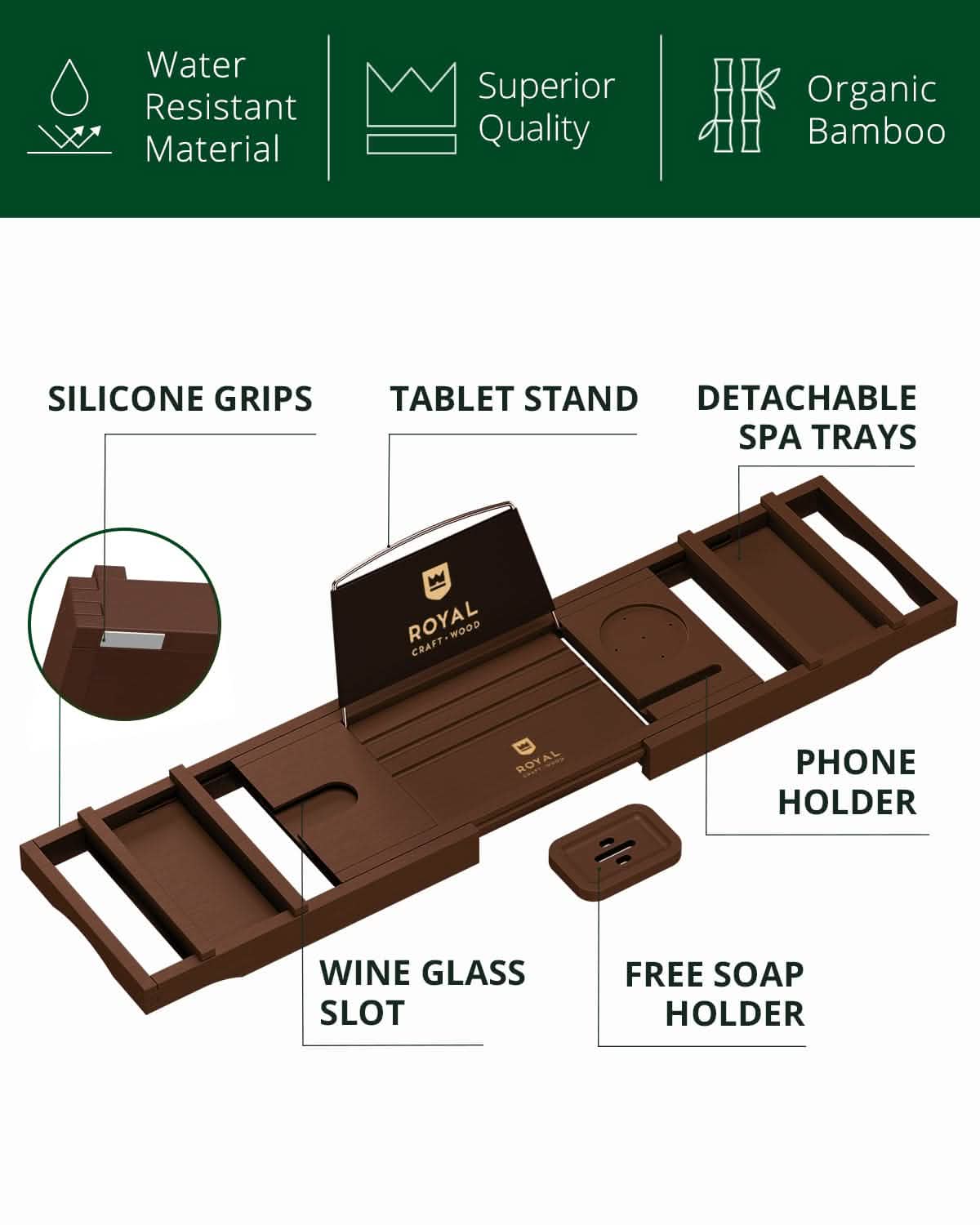 Bathtub Caddy Tray, Brown - 29"-43" Adjustable