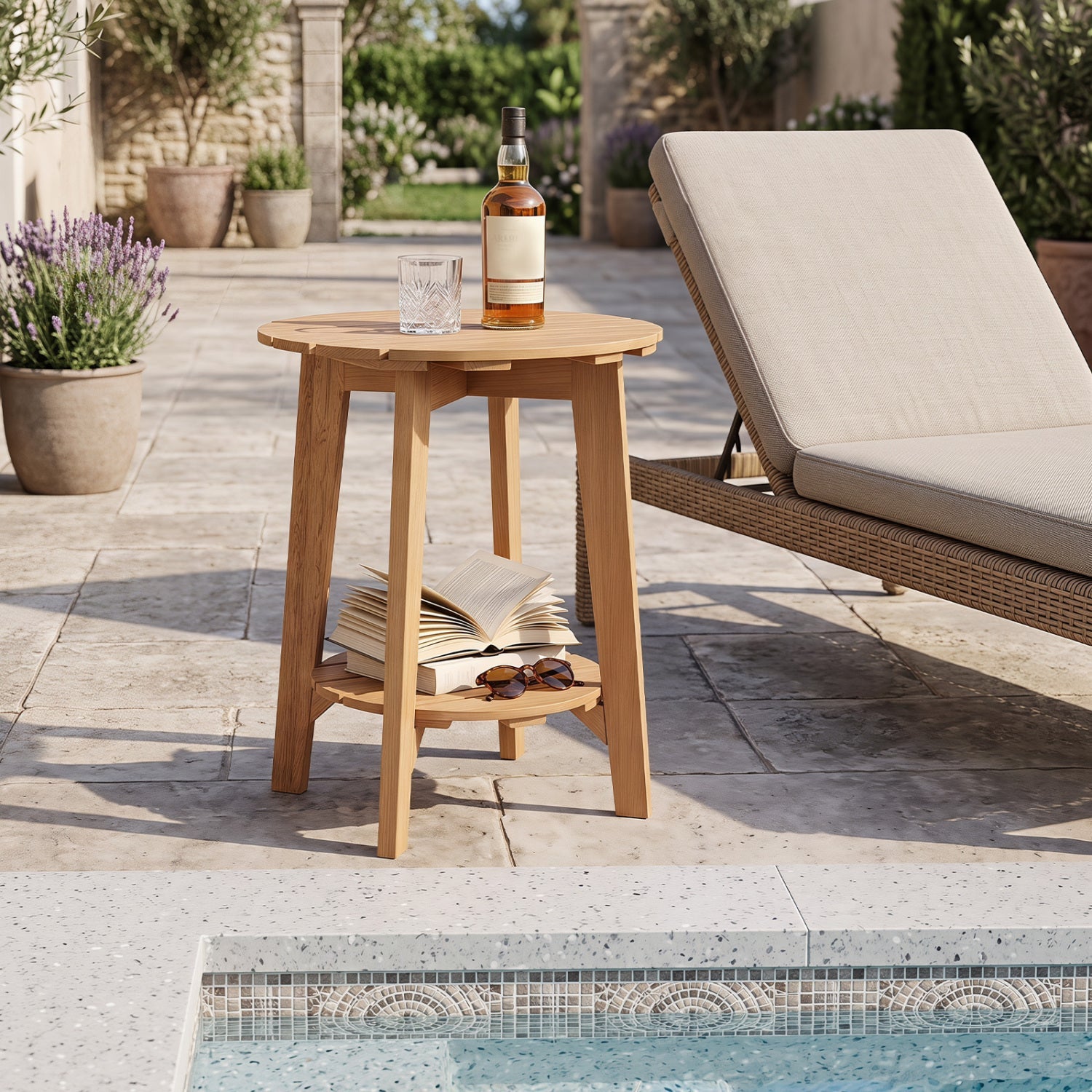 Outdoor Side Table with Storage Shelf - Eucalyptus Wood - Natural