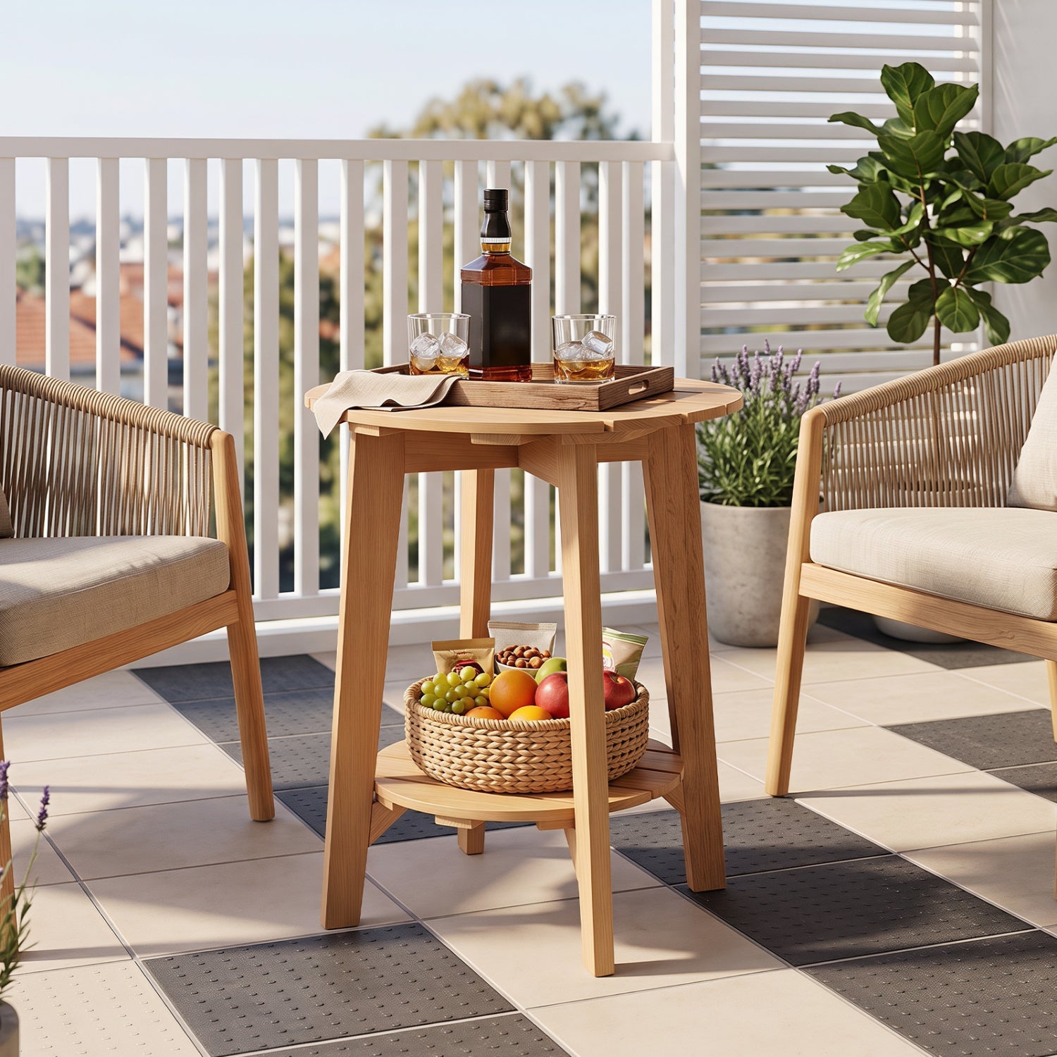 Outdoor Side Table with Storage Shelf - Eucalyptus Wood - Natural