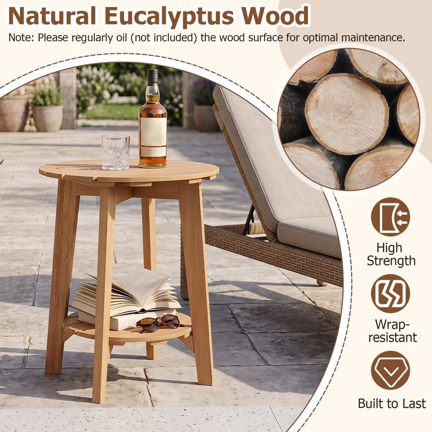 Outdoor Side Table with Storage Shelf - Eucalyptus Wood - Natural