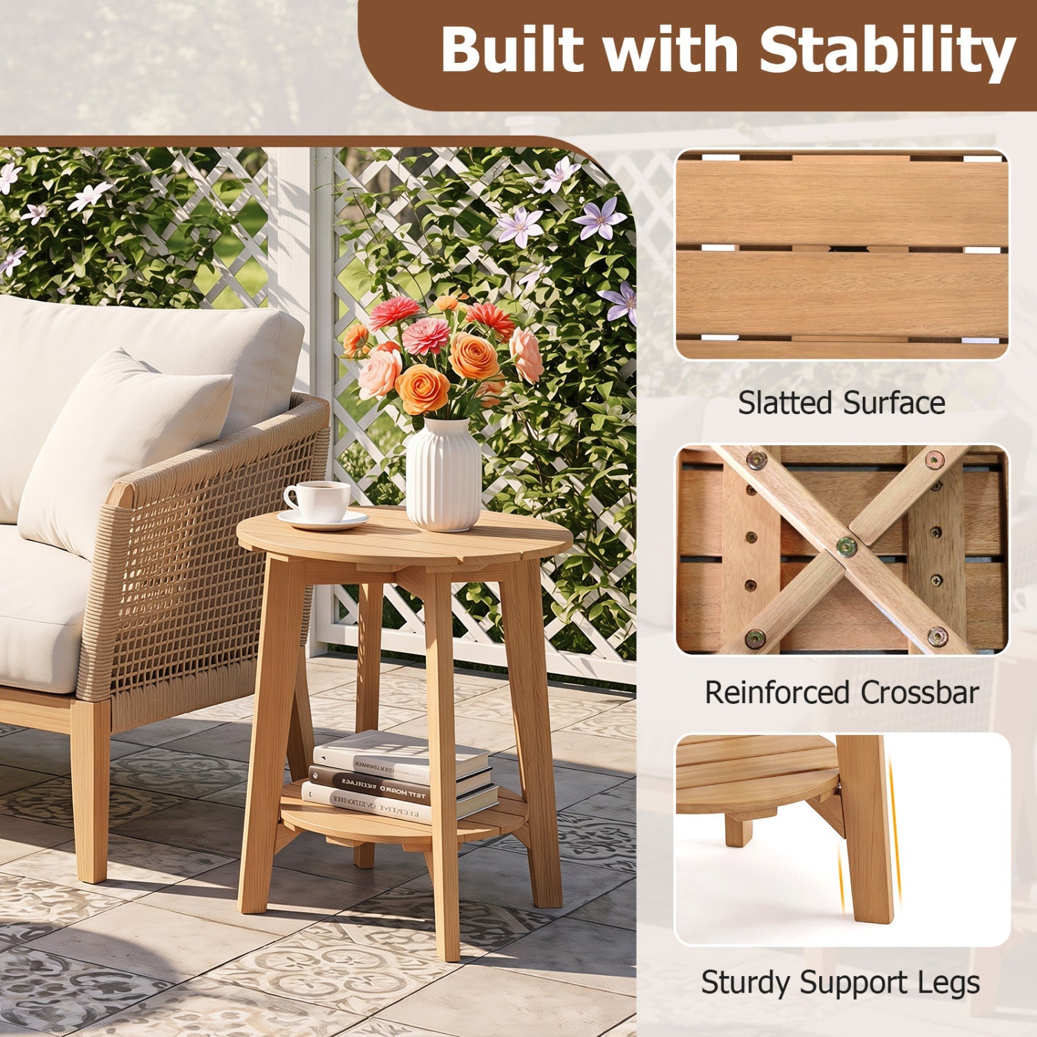 Outdoor Side Table with Storage Shelf - Eucalyptus Wood - Natural