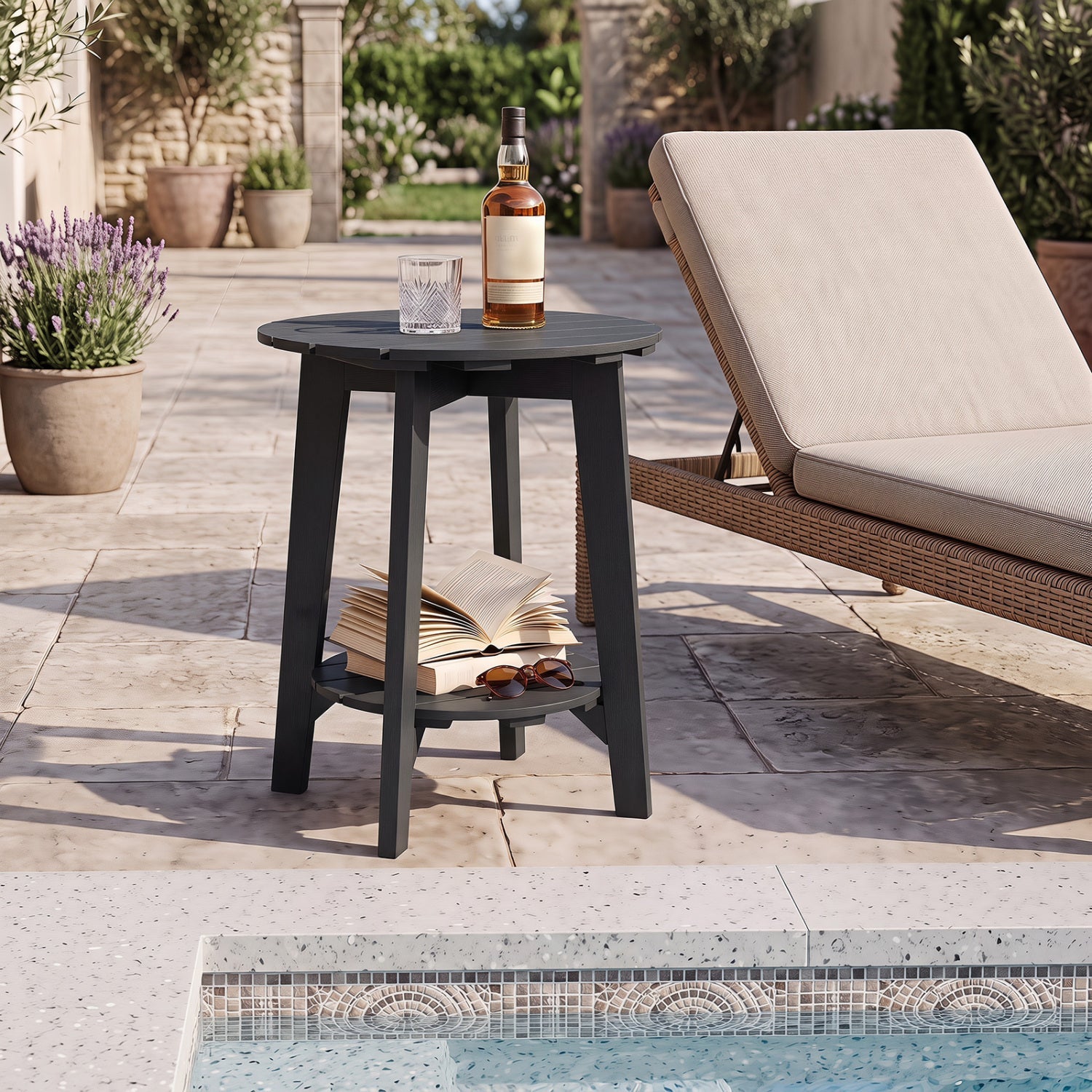 Outdoor Side Table with Storage Shelf - Eucalyptus Wood - Black