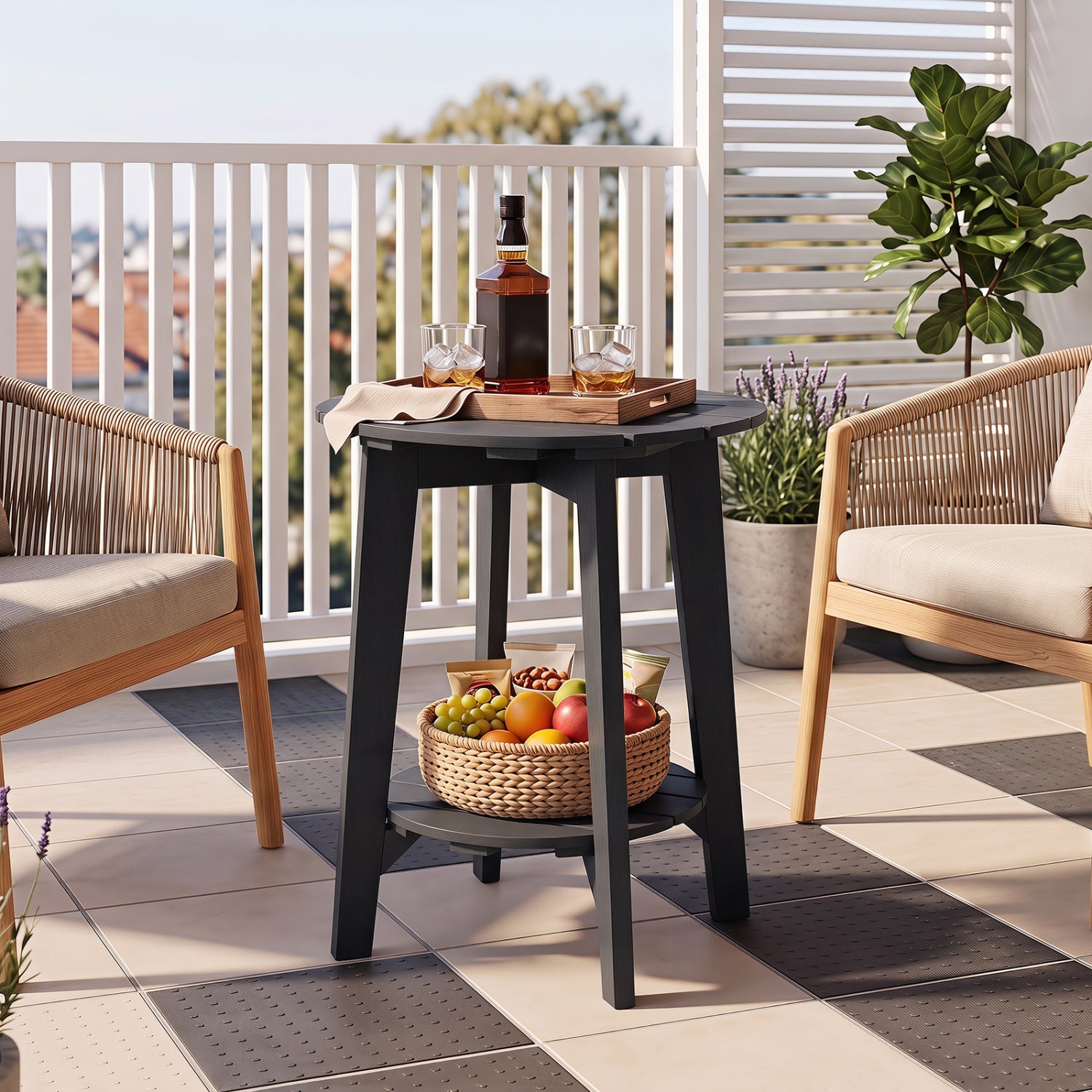 Outdoor Side Table with Storage Shelf - Eucalyptus Wood - Black