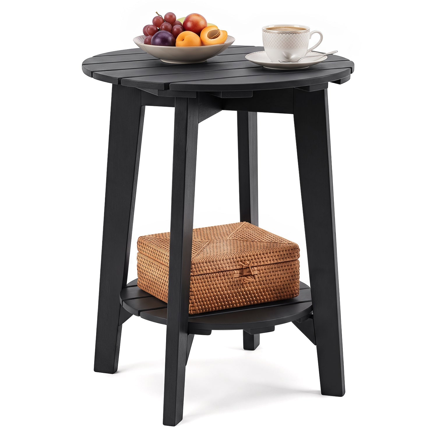 Outdoor Side Table with Storage Shelf - Eucalyptus Wood - Black