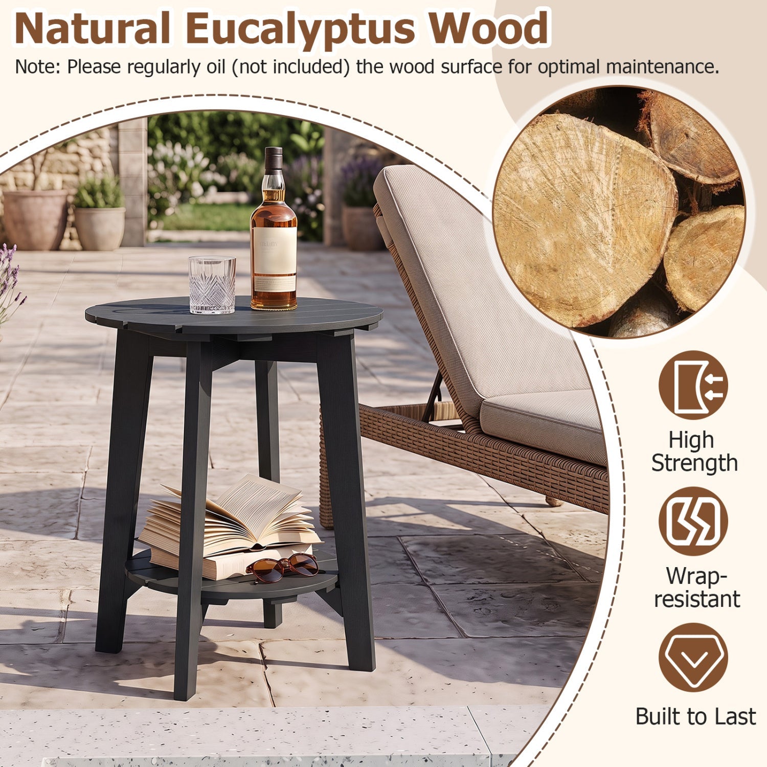 Outdoor Side Table with Storage Shelf - Eucalyptus Wood - Black