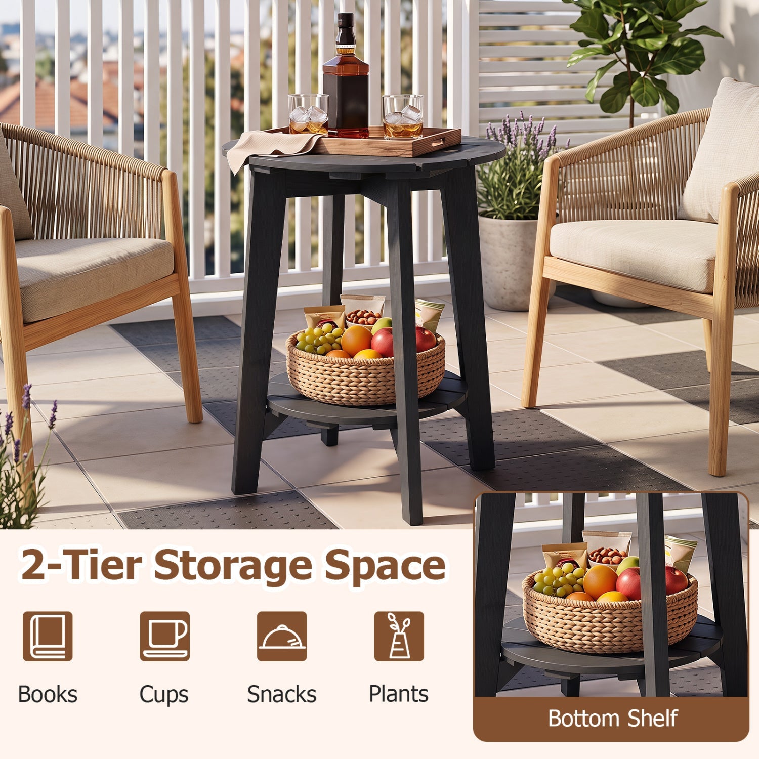 Outdoor Side Table with Storage Shelf - Eucalyptus Wood - Black