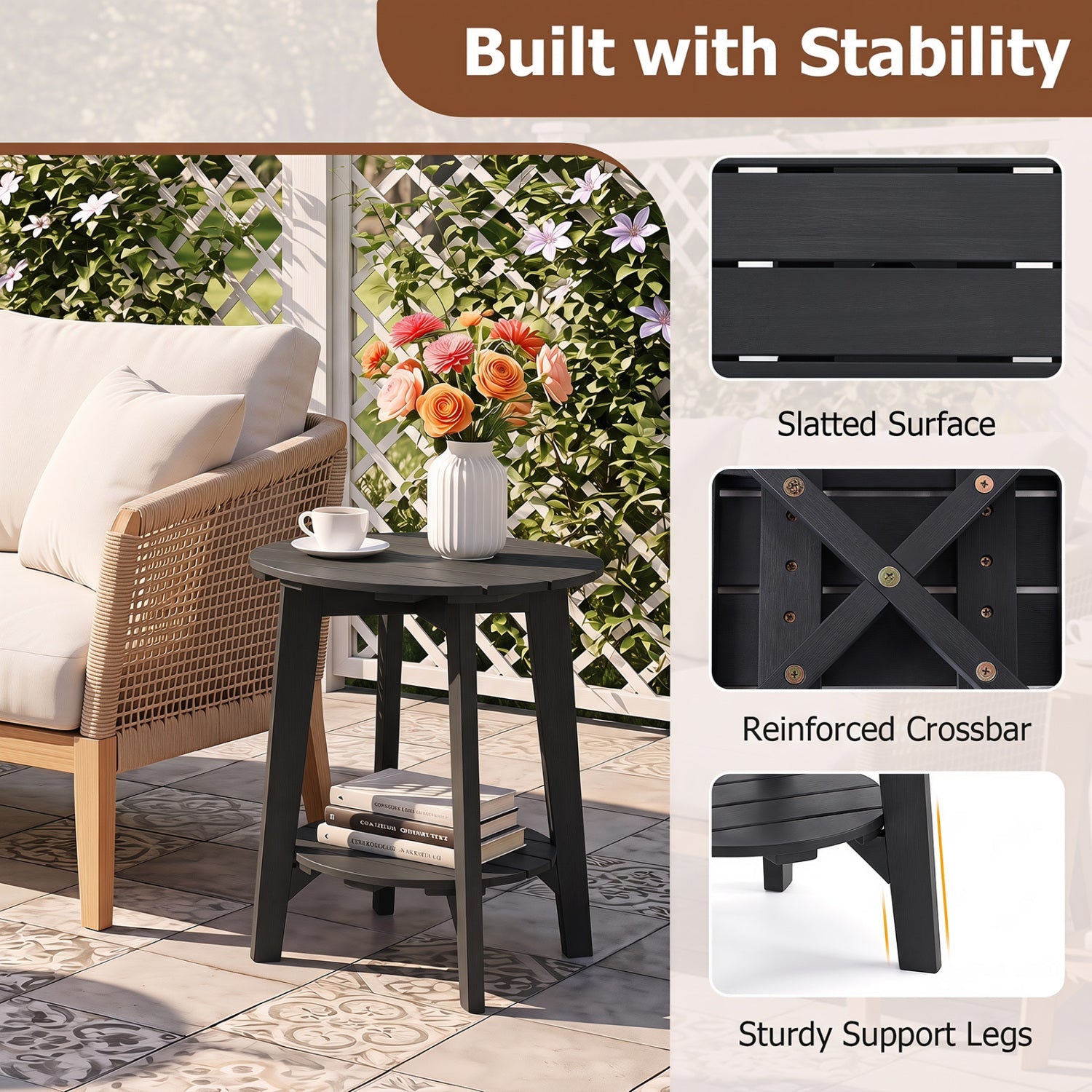 Outdoor Side Table with Storage Shelf - Eucalyptus Wood - Black