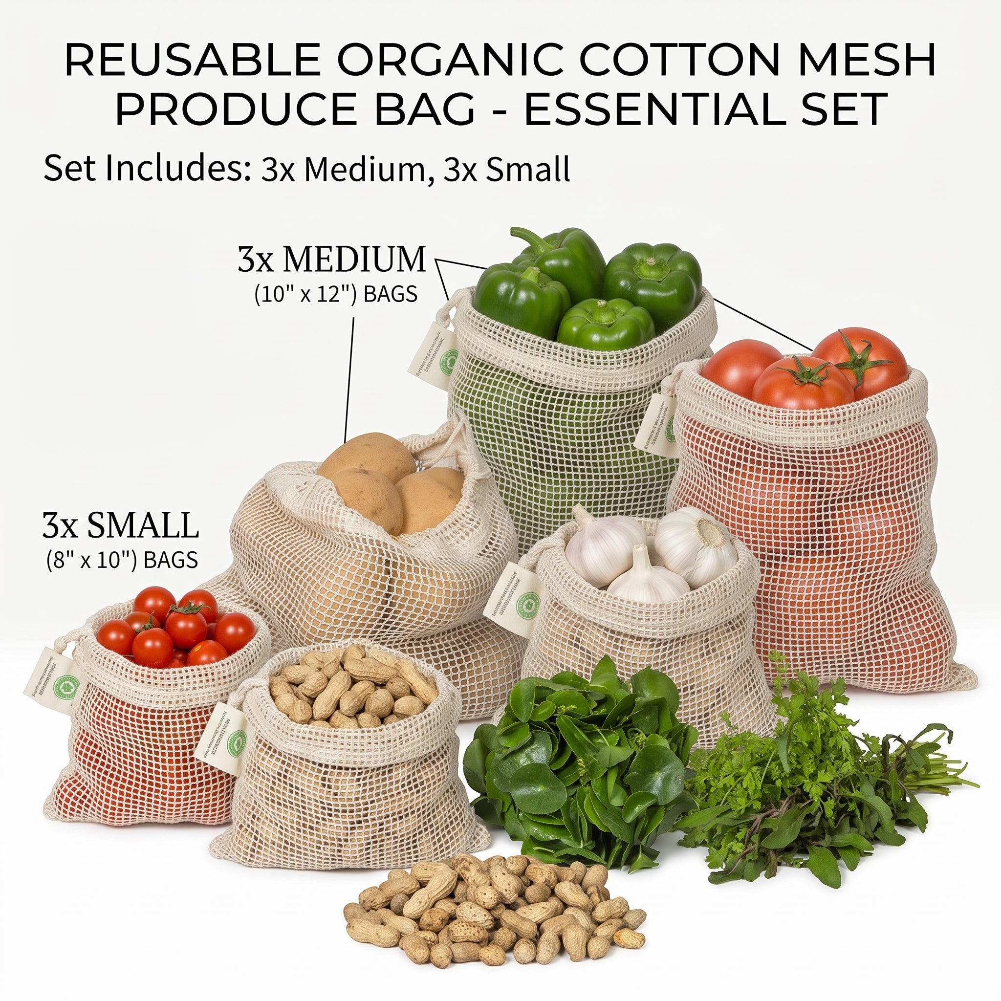 Mesh Produce Bags - Organic Cotton - 6 Bag Set