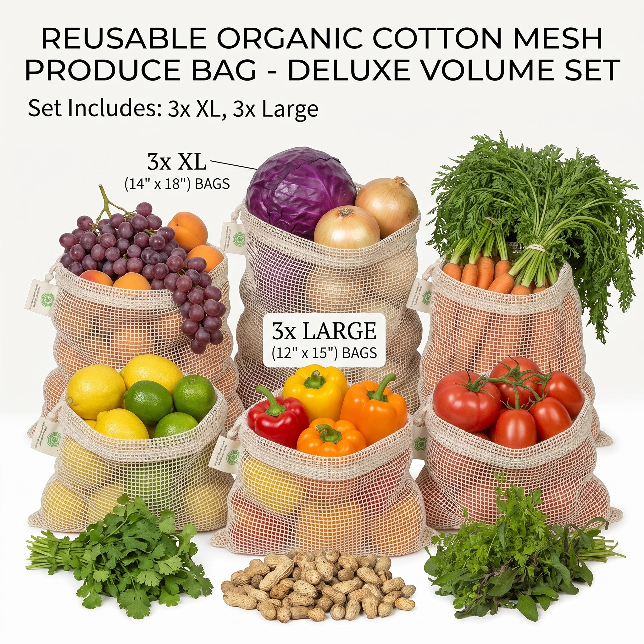 Mesh Produce Bags - Organic Cotton - 6 Bag Set