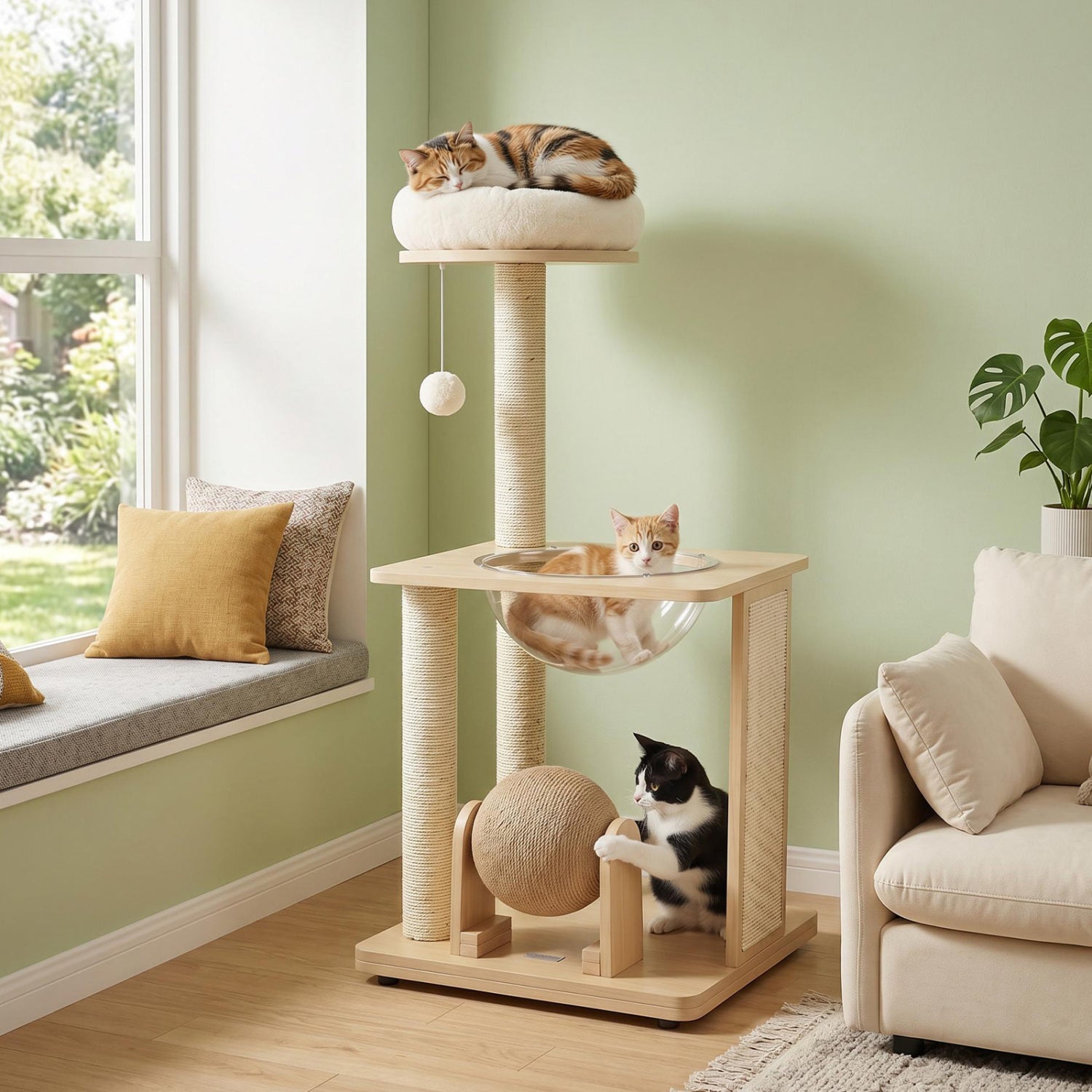 Cat Tree with Space Capsule & Sisal Scratching Posts - 40" Tall, Solid Wood Base