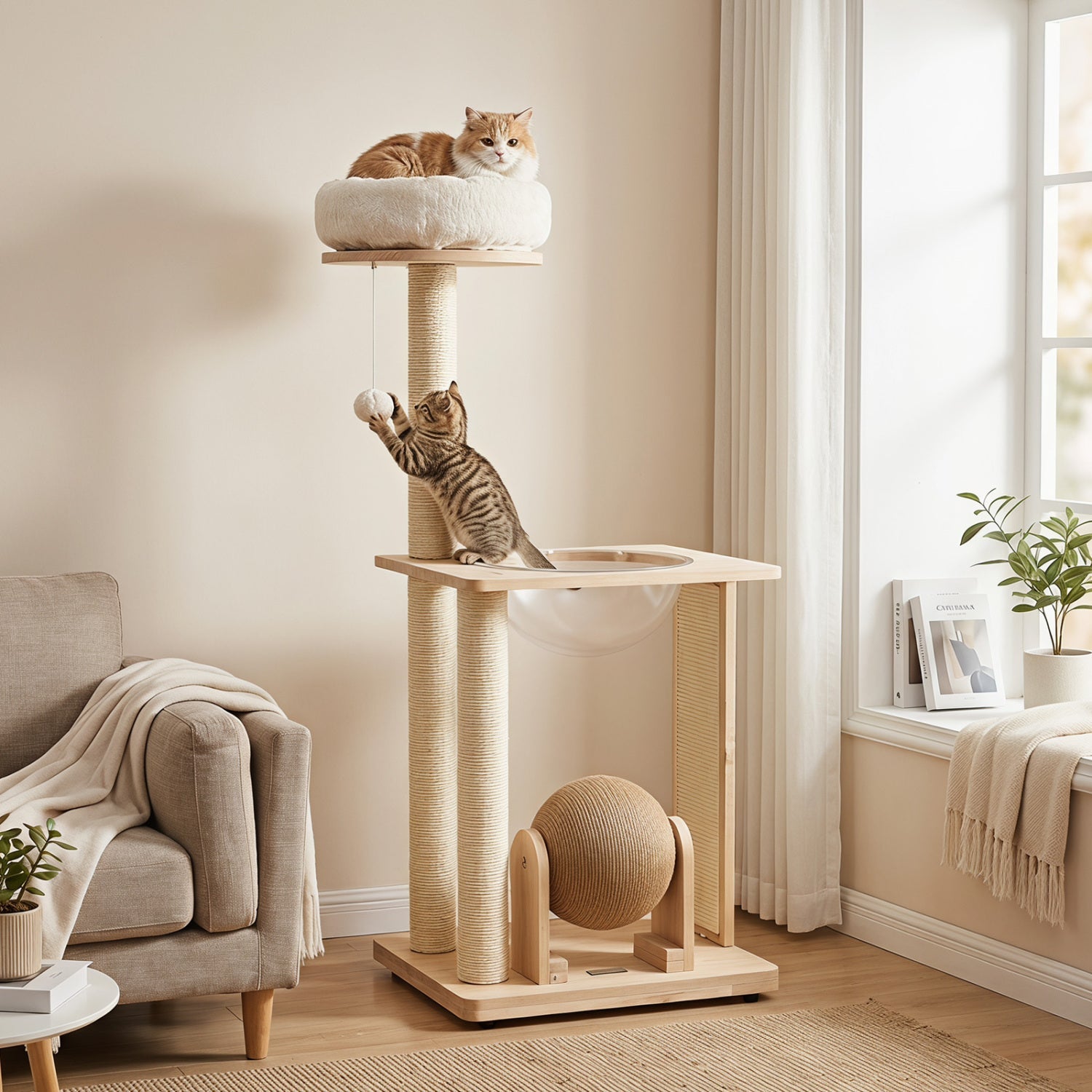 Cat Tree with Space Capsule & Sisal Scratching Posts - 40" Tall, Solid Wood Base