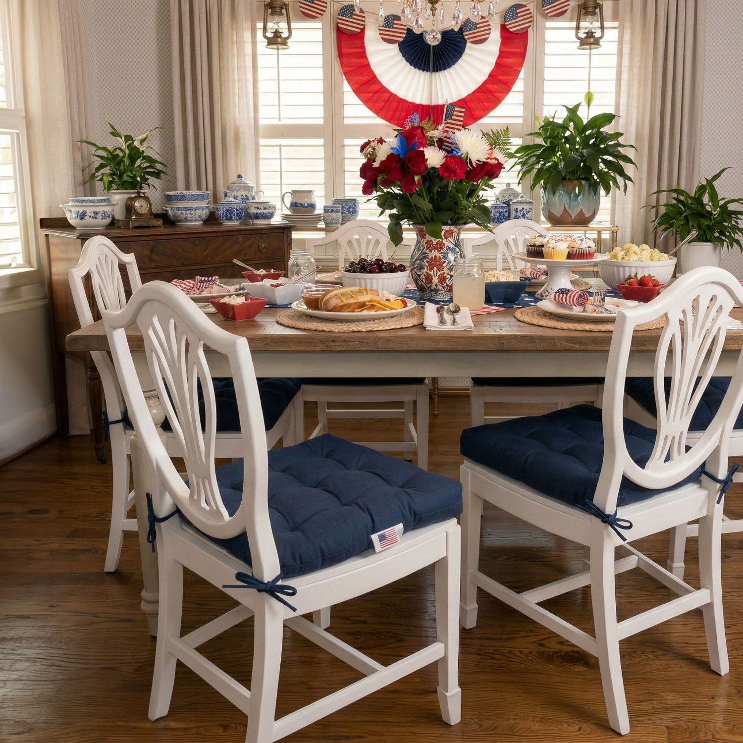 blue chair cushions in dining room decorated for 4th of july