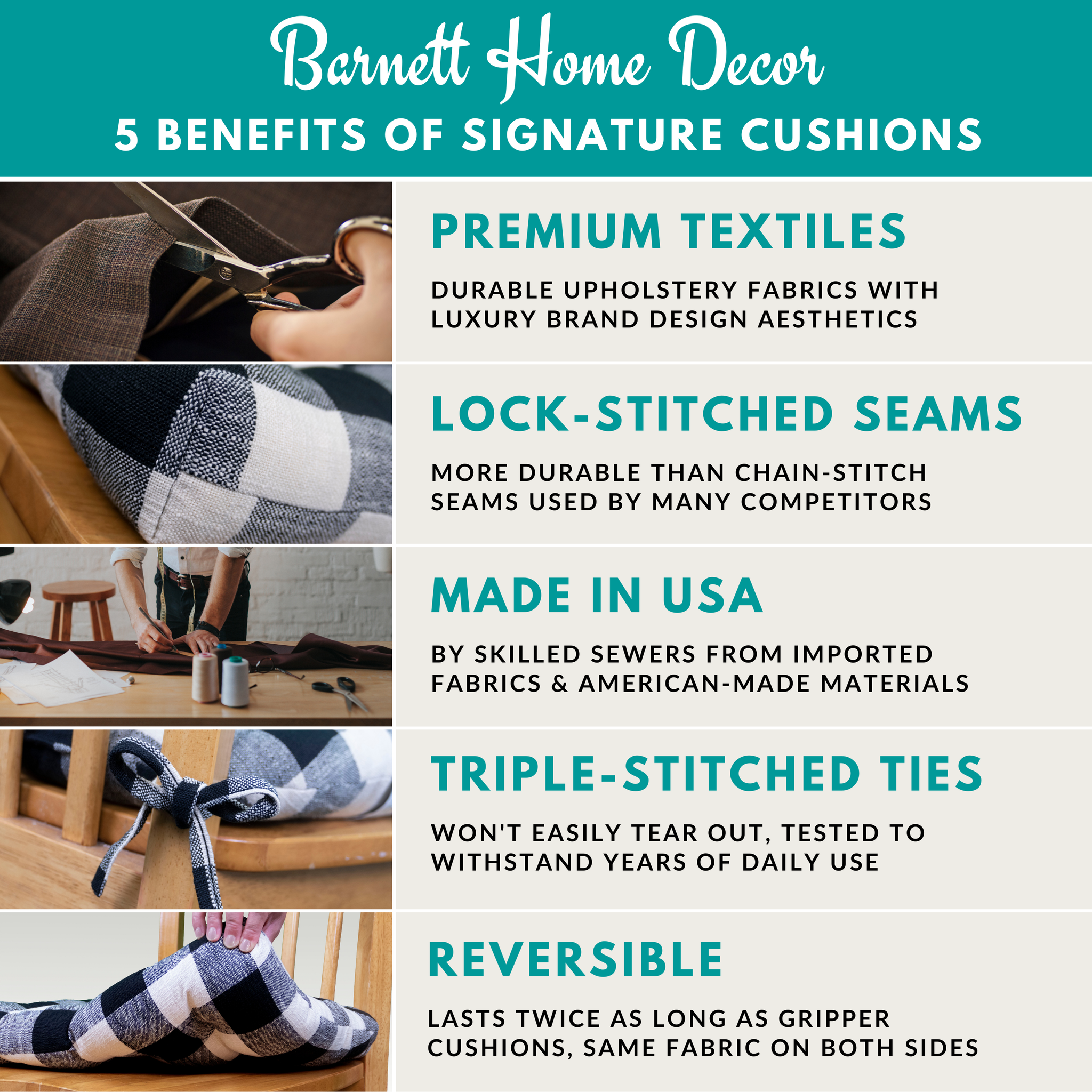 Premium textiles, lock stitched seams, made in the usa.