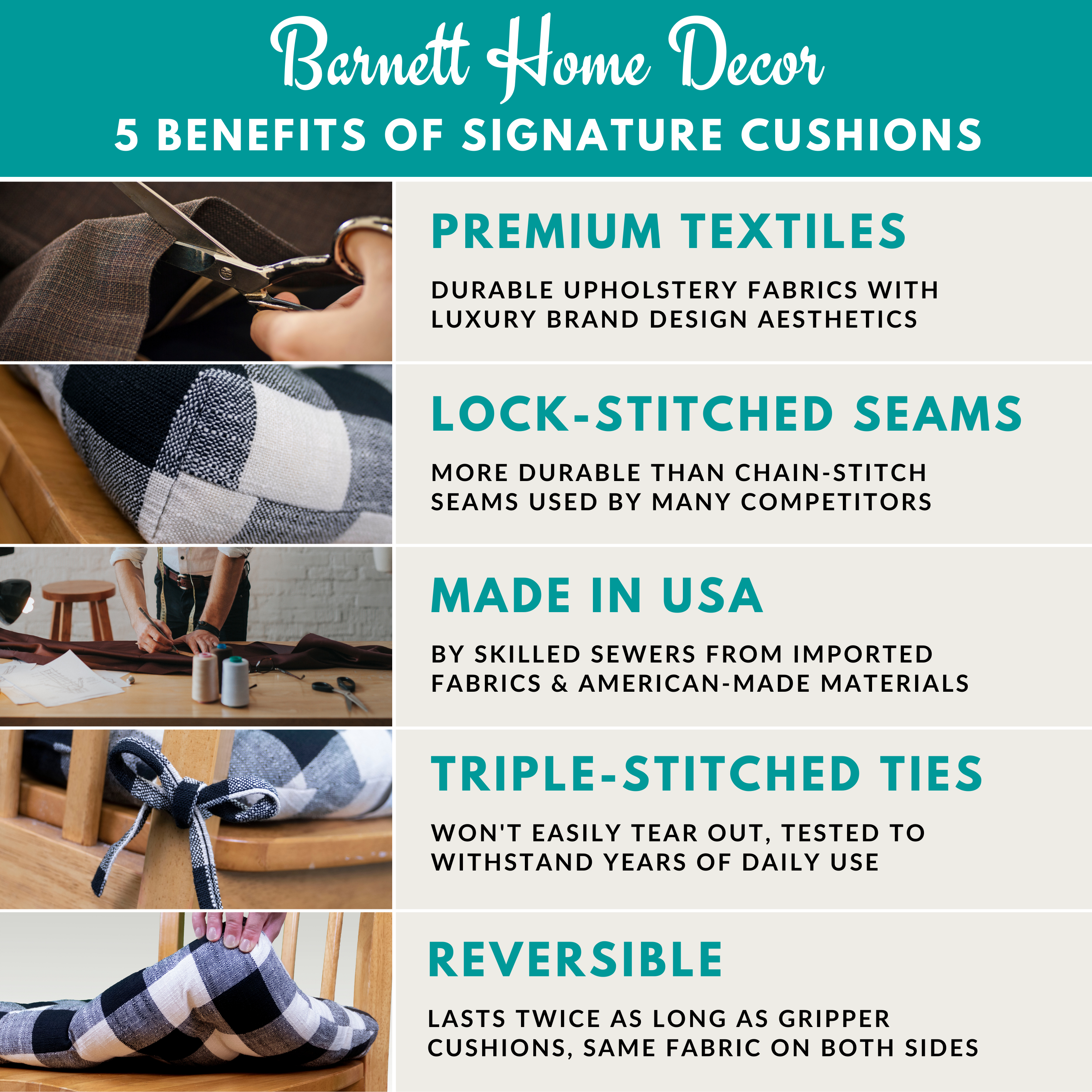 Five benefits of Signature Collection cushions infographic - Premium Comfort, Lasts Longer, Won't go Flat, 100% Upcycled