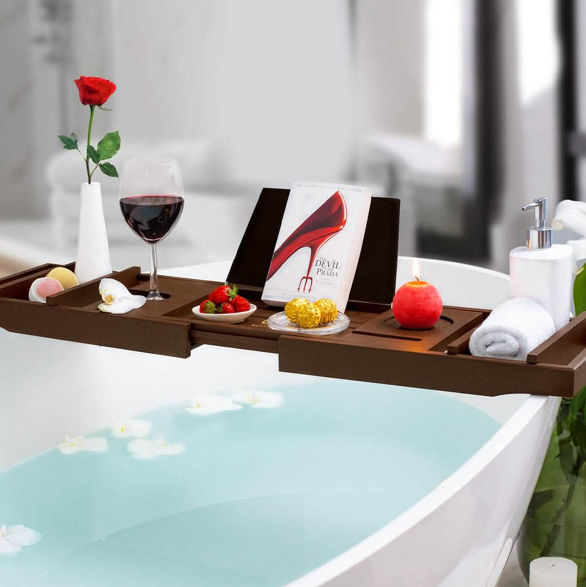 Bathtub Caddy Tray, Brown - 29"-43" Adjustable