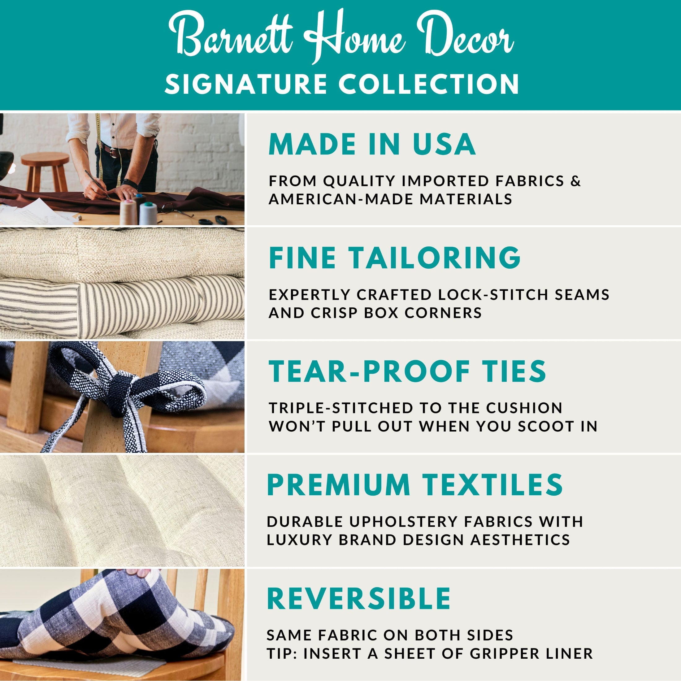 Premium textiles, lock stitched seams, made in the usa.