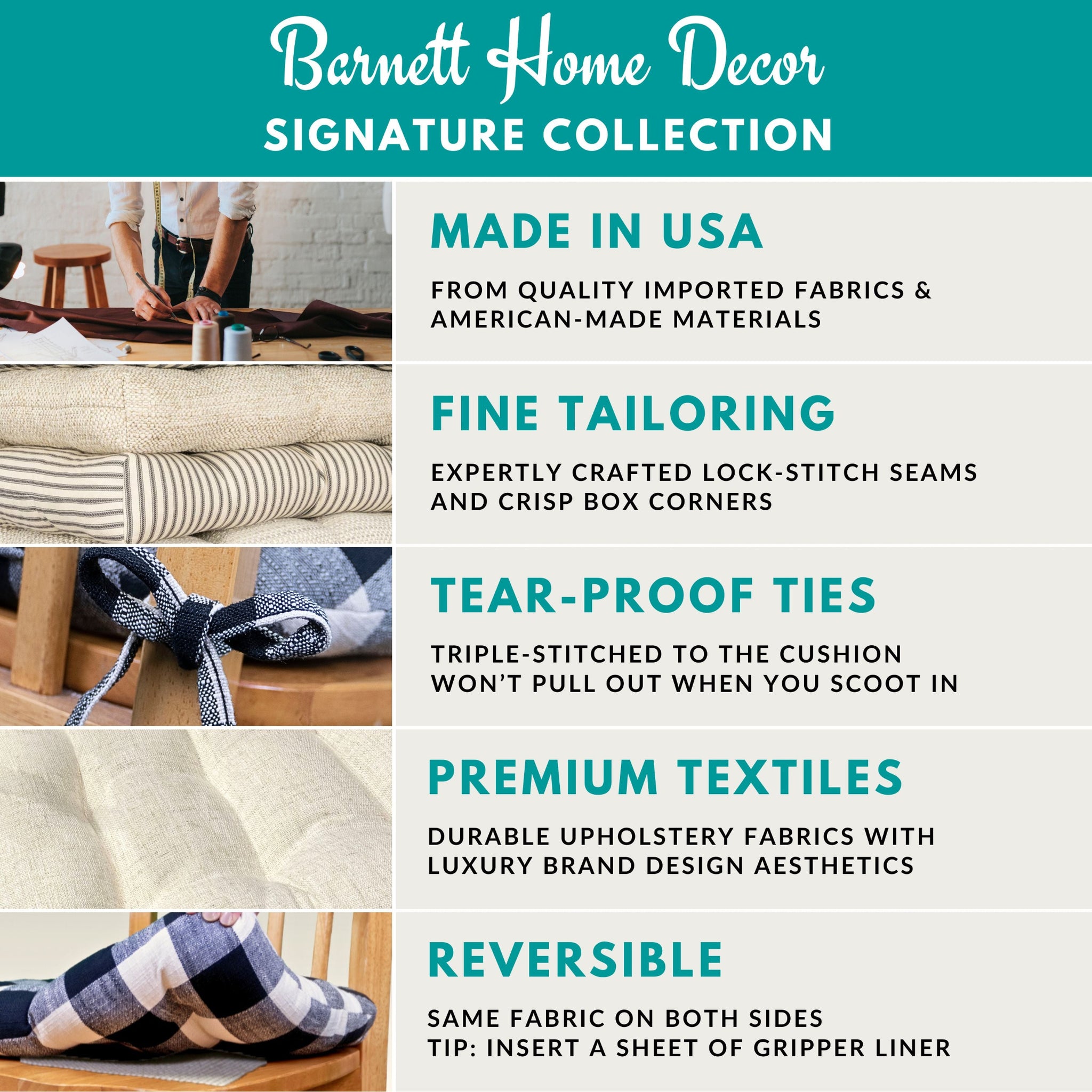 Premium textiles, lock stitched seams, made in the usa.
