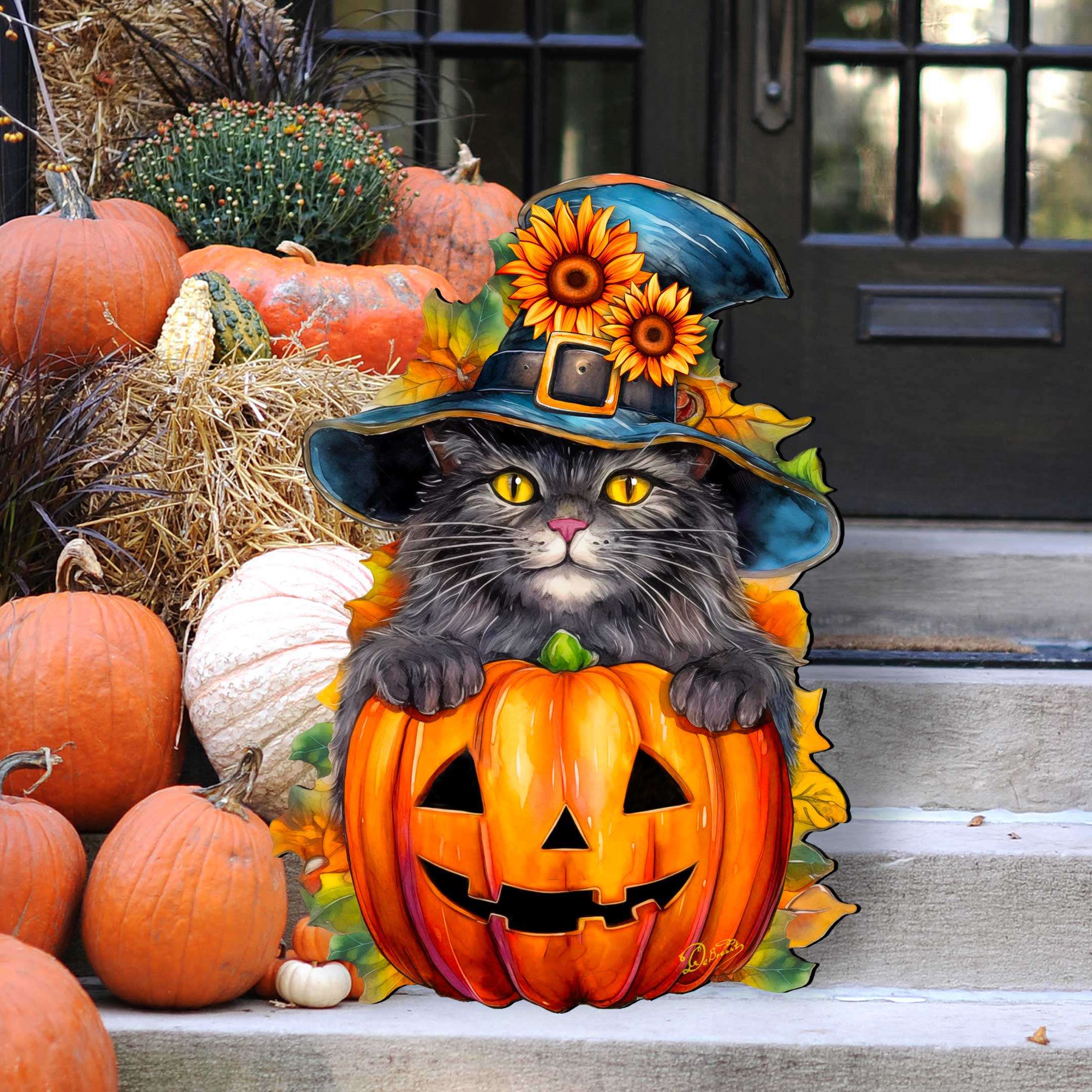 Black Cat Pumpkin Halloween Door Decor - Holiday Door Hanger