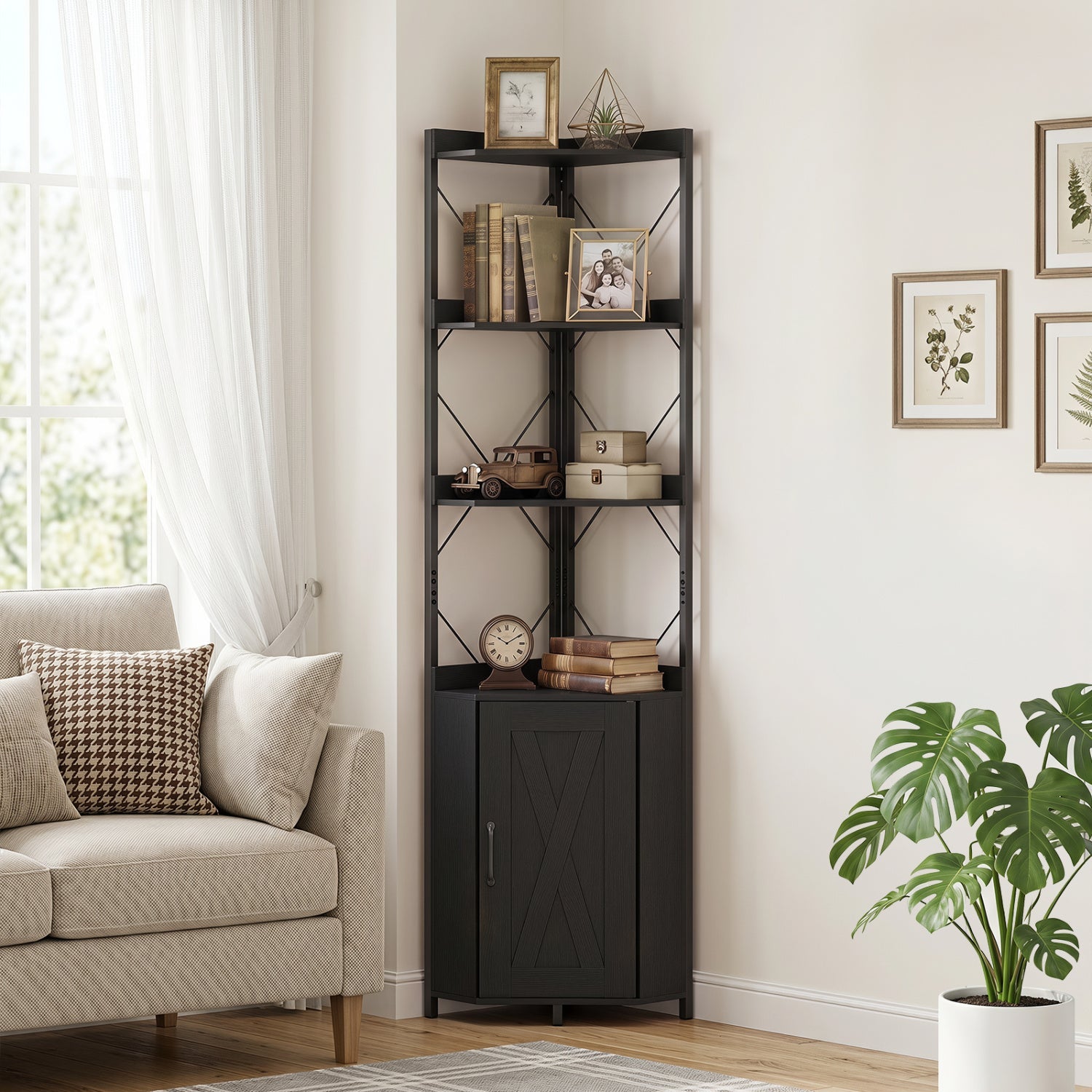 A tall black corner shelving unit with four open shelves and a lower cabinet, styled with books, frames, and decor in a bright living room