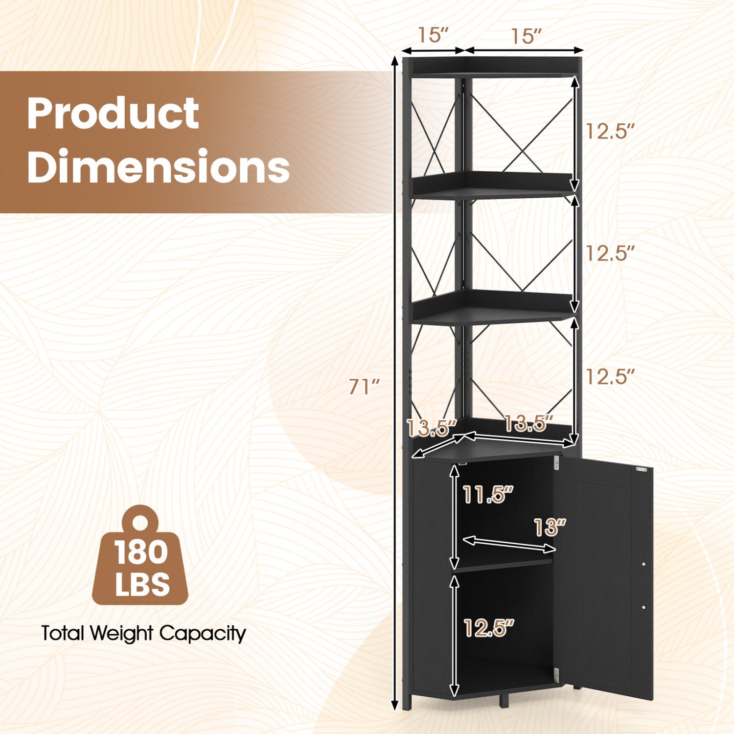 Corner Bookshelf with Cabinet, 6-Tier - 71" Tall, Metal Frame