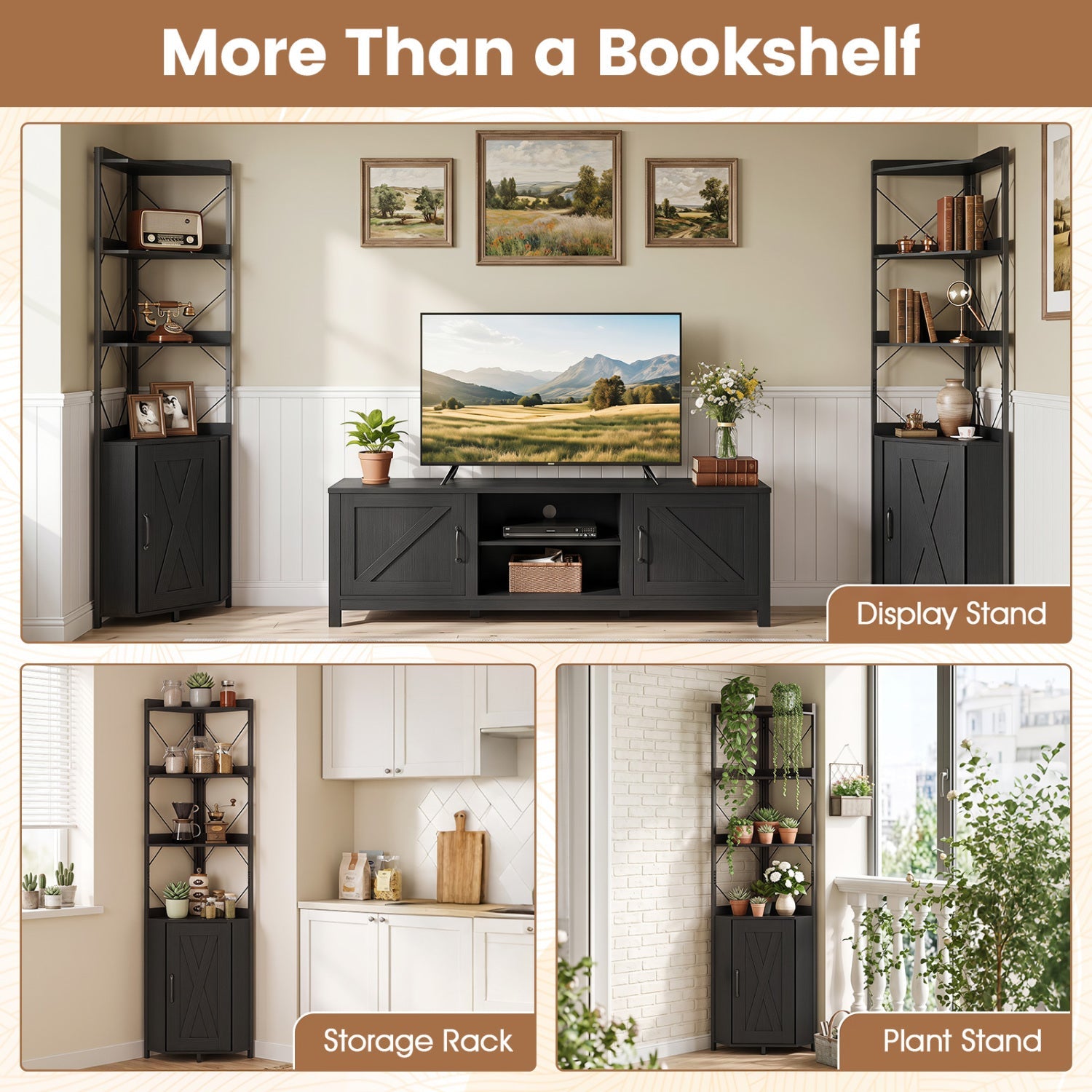 Corner Bookshelf with Cabinet, 6-Tier - 71" Tall, Metal Frame