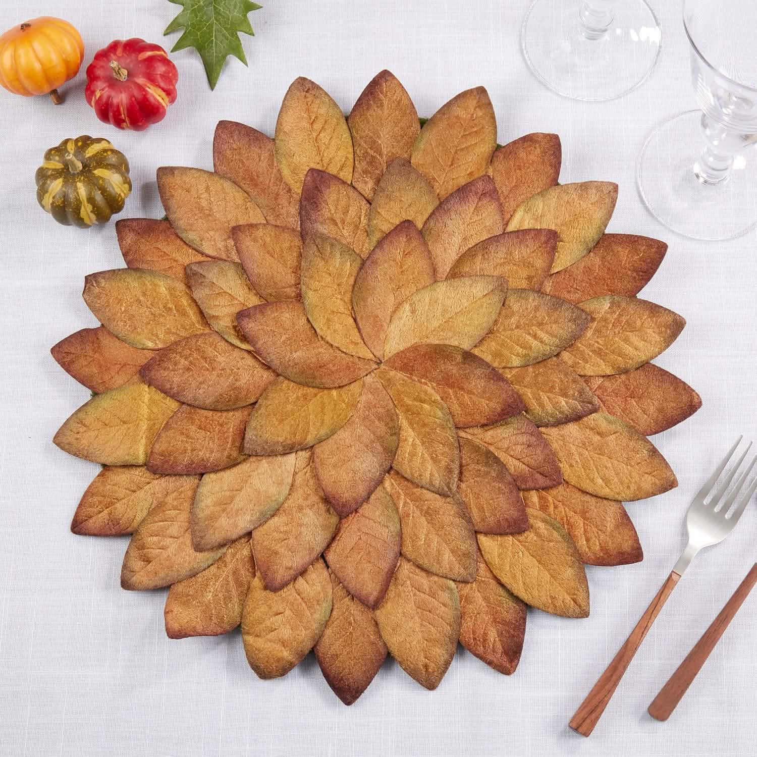 Harvest Fall Leaves Placemats - 15" Round, Set of 4 - Copper Leaf Pattern, Thanksgiving Holiday