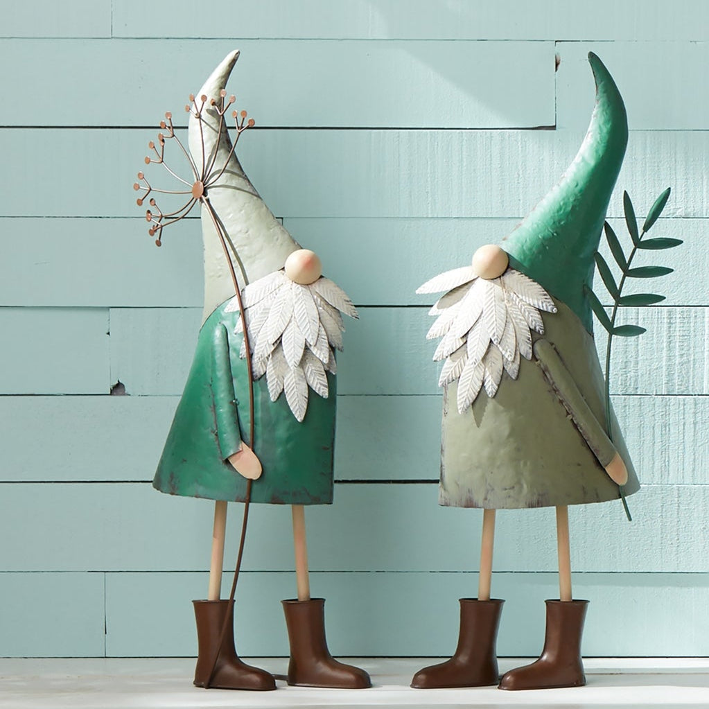 Garden Gnomes with Flowers, Iron - Set of 2