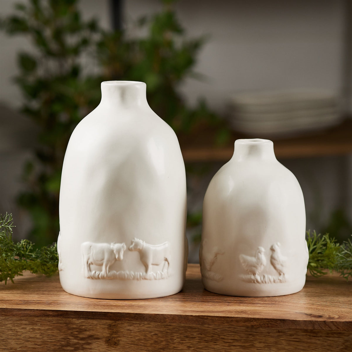 Cows and Chickens Ceramic Farm Animal Vases - Rustic Farmhouse Decor - Set of 2