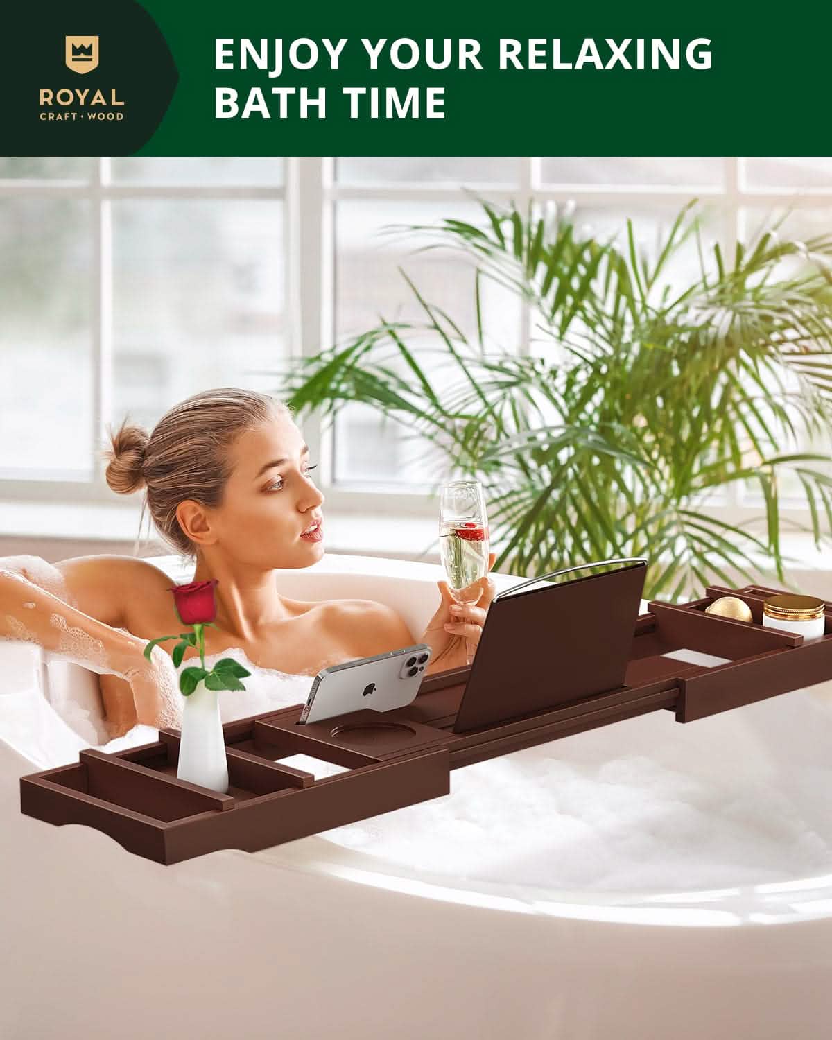 Bathtub Caddy Tray, Brown - 29"-43" Adjustable