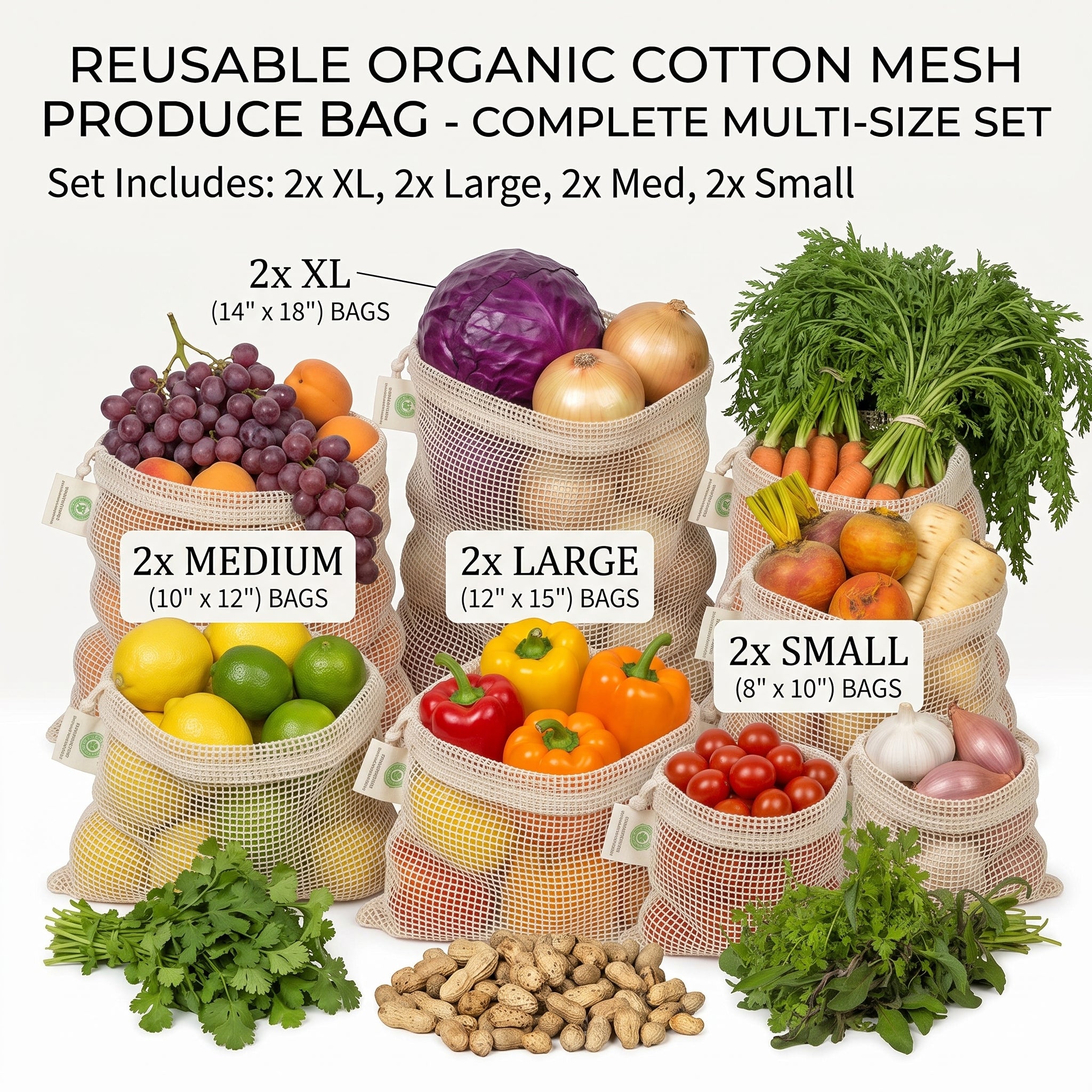 Mesh Produce Bags - Organic Cotton - 6 Bag Set