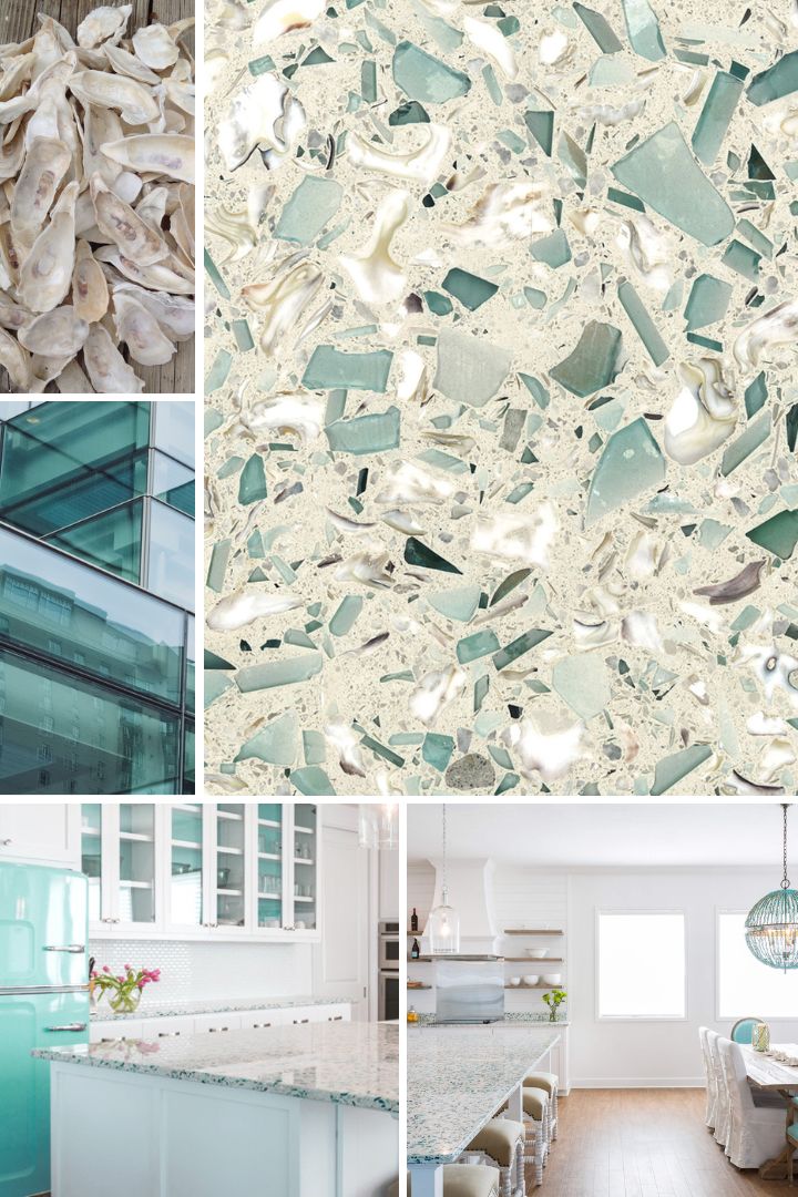 emerald coast countertop in a coastal kitchen design with oyster shell seaglass and marble