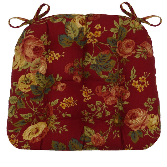 Bethany Red Dining Chair Pad with Ties - Never Flatten Chair Cushion Red Floral