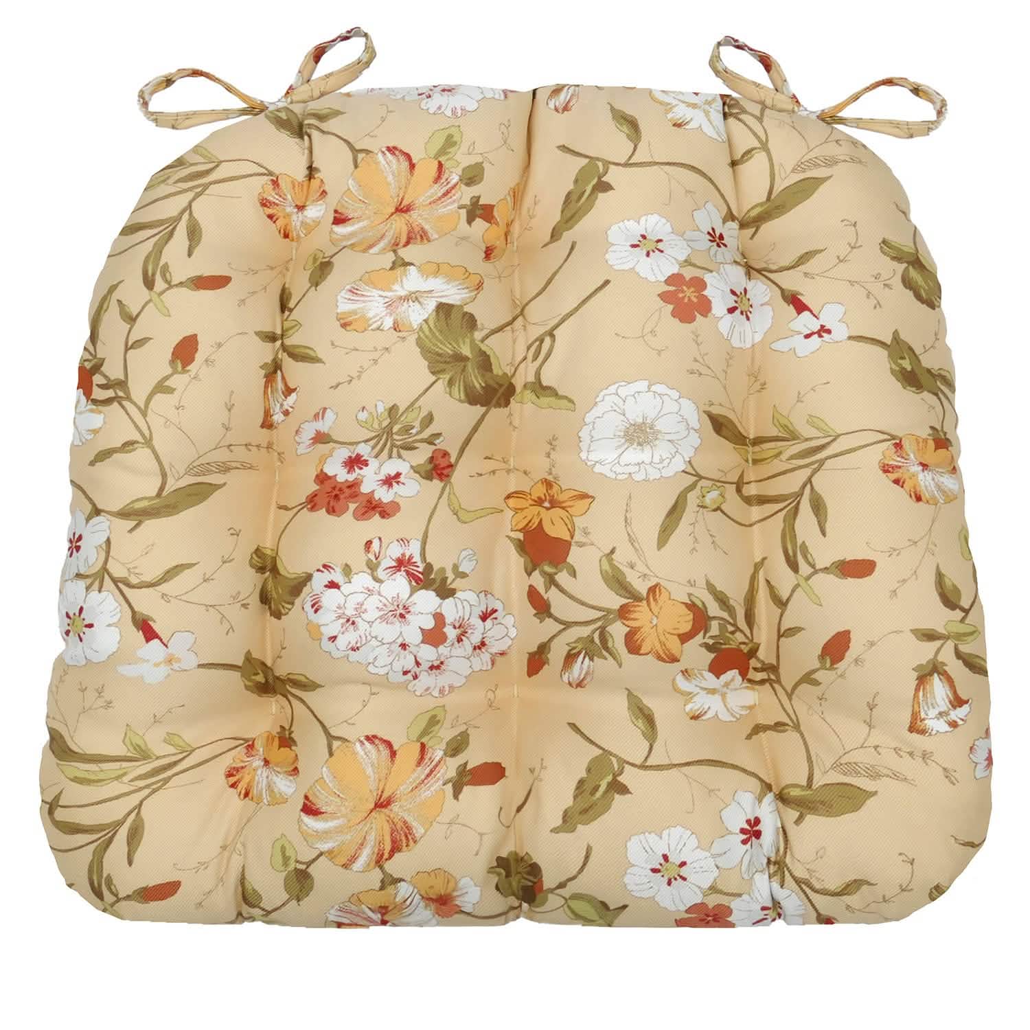 Mimosa floral dining chair pad with ties in apricot, yellow, coral and green colors on white background
