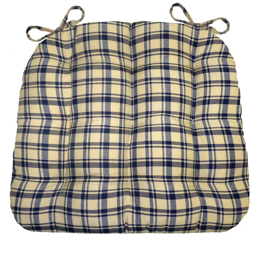 Montgomery Blue Natural Plaid Dining Chair Pads - Never Flatten Chair Cushion
