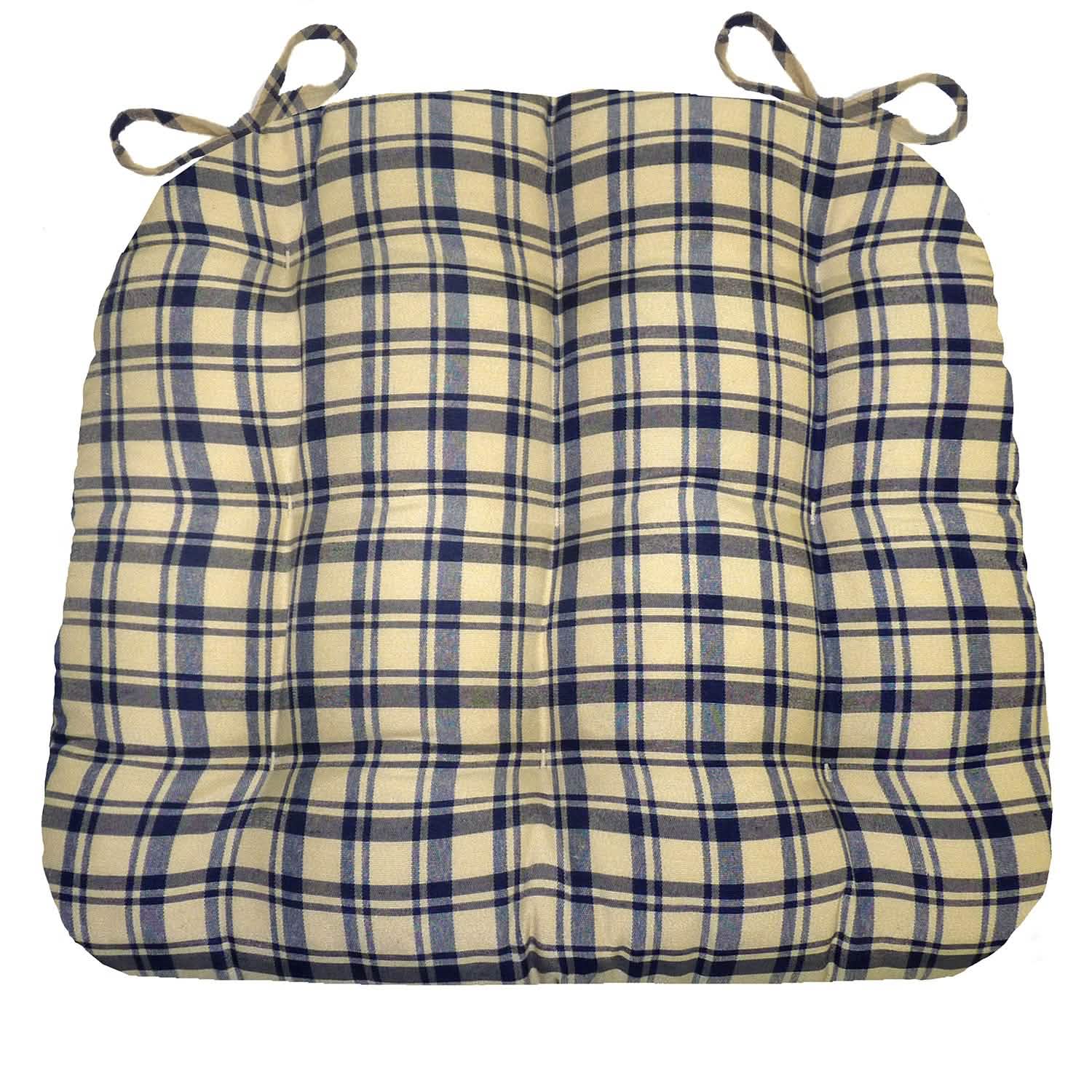 Montgomery Blue Natural Plaid Dining Chair Pad - Never Flatten Chair Cushion with ties, showing blue and natural plaid pattern