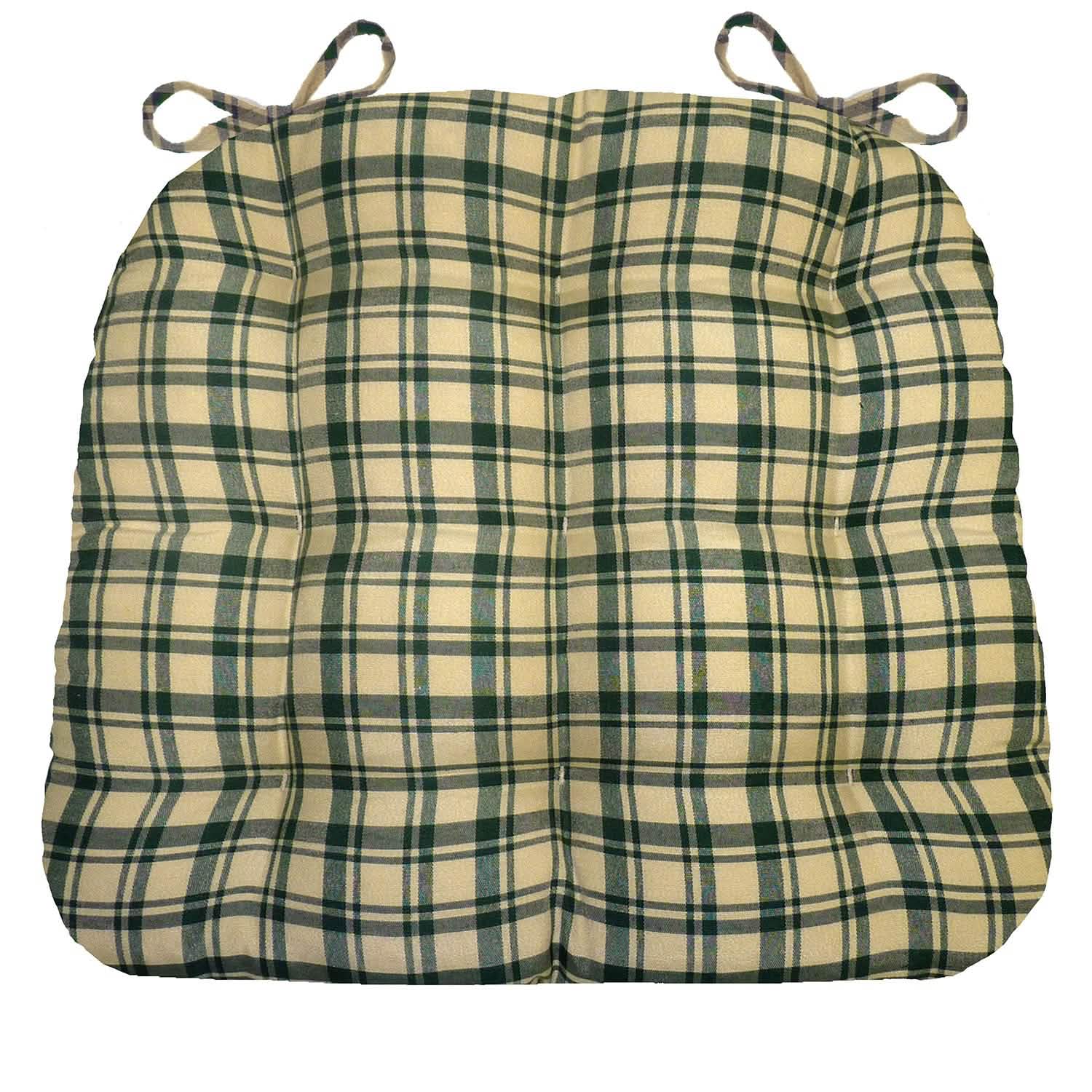 Montgomery Green Natural Plaid Dining Chair Pads with never-flatten latex foam cushioning