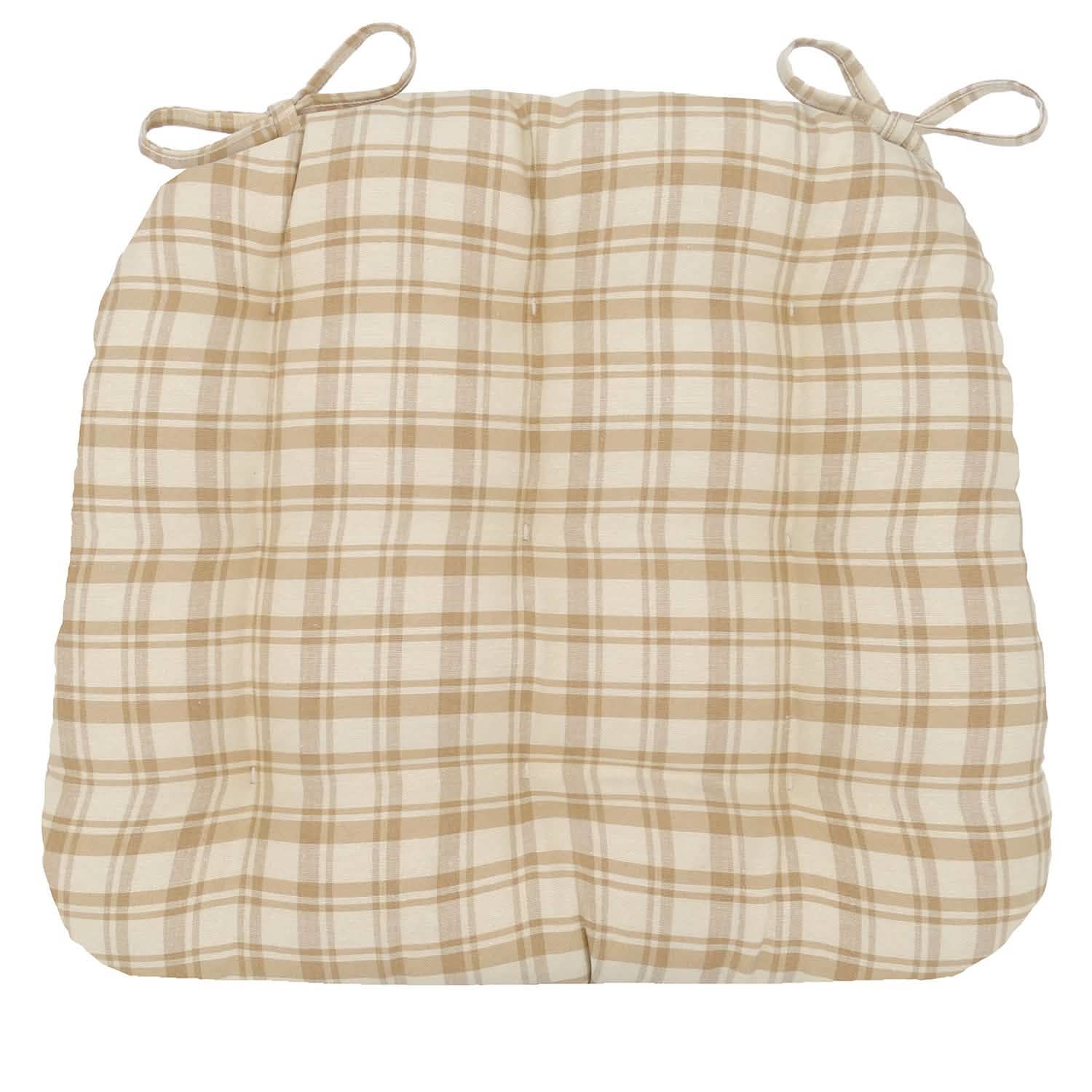 Montgomery beige natural plaid dining chair pad with tan and cream checkered pattern